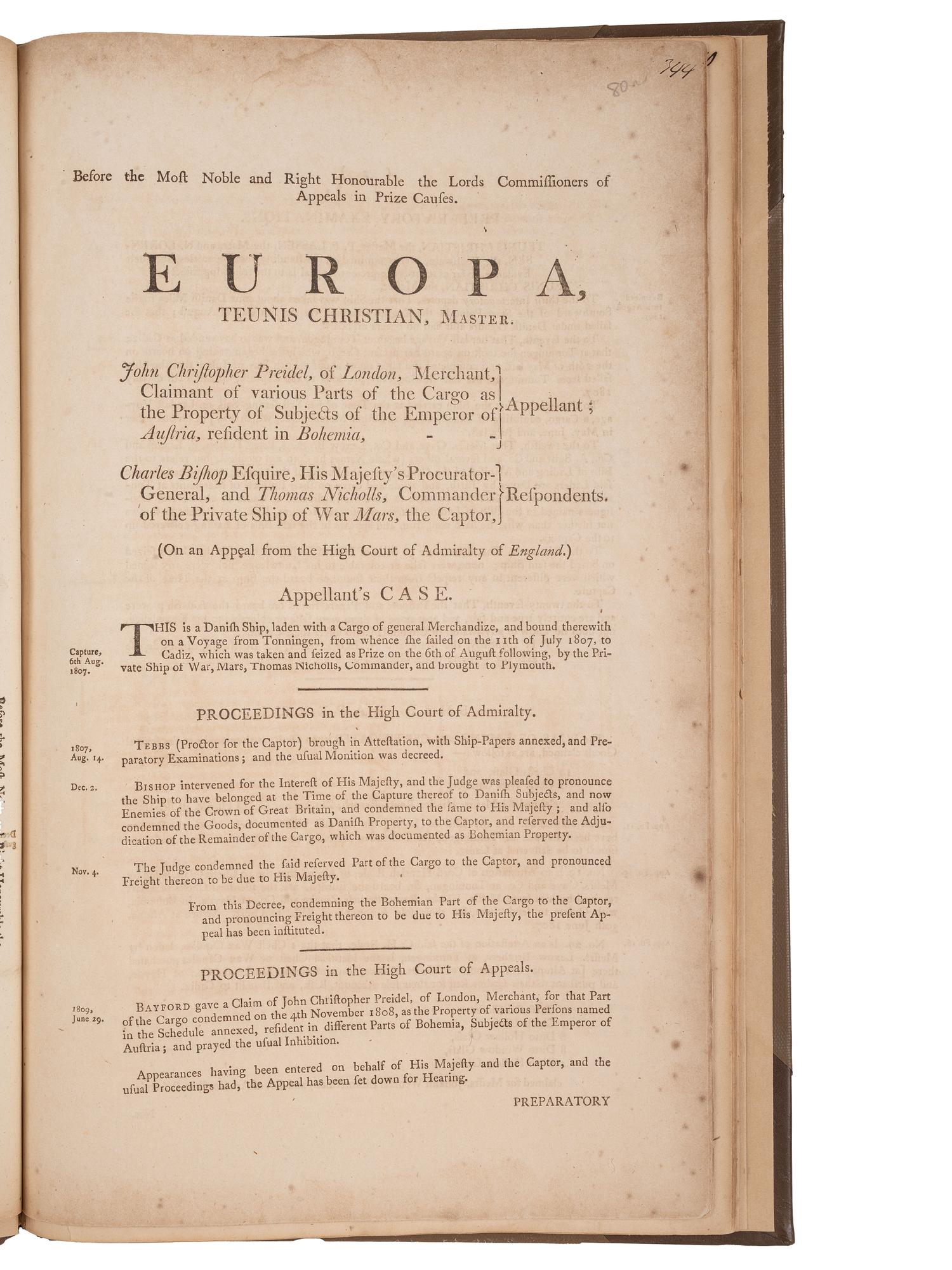 [PIRACY -- PRIVATEERS]. Four printed documents relating to appeals for ships taken prize by privateers.