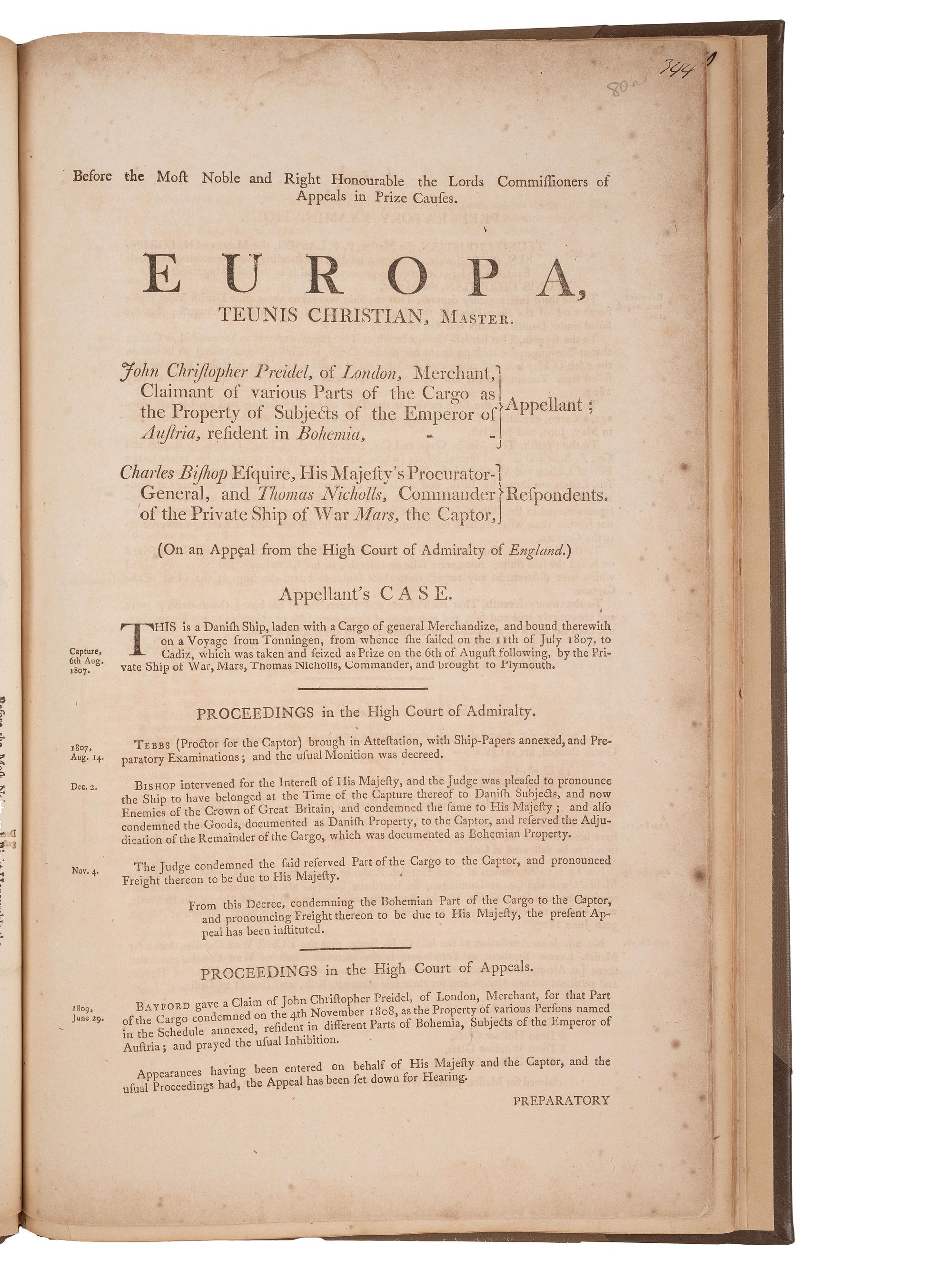 [PIRACY -- PRIVATEERS]. Four printed documents relating to appeals for ships taken prize by privateers.