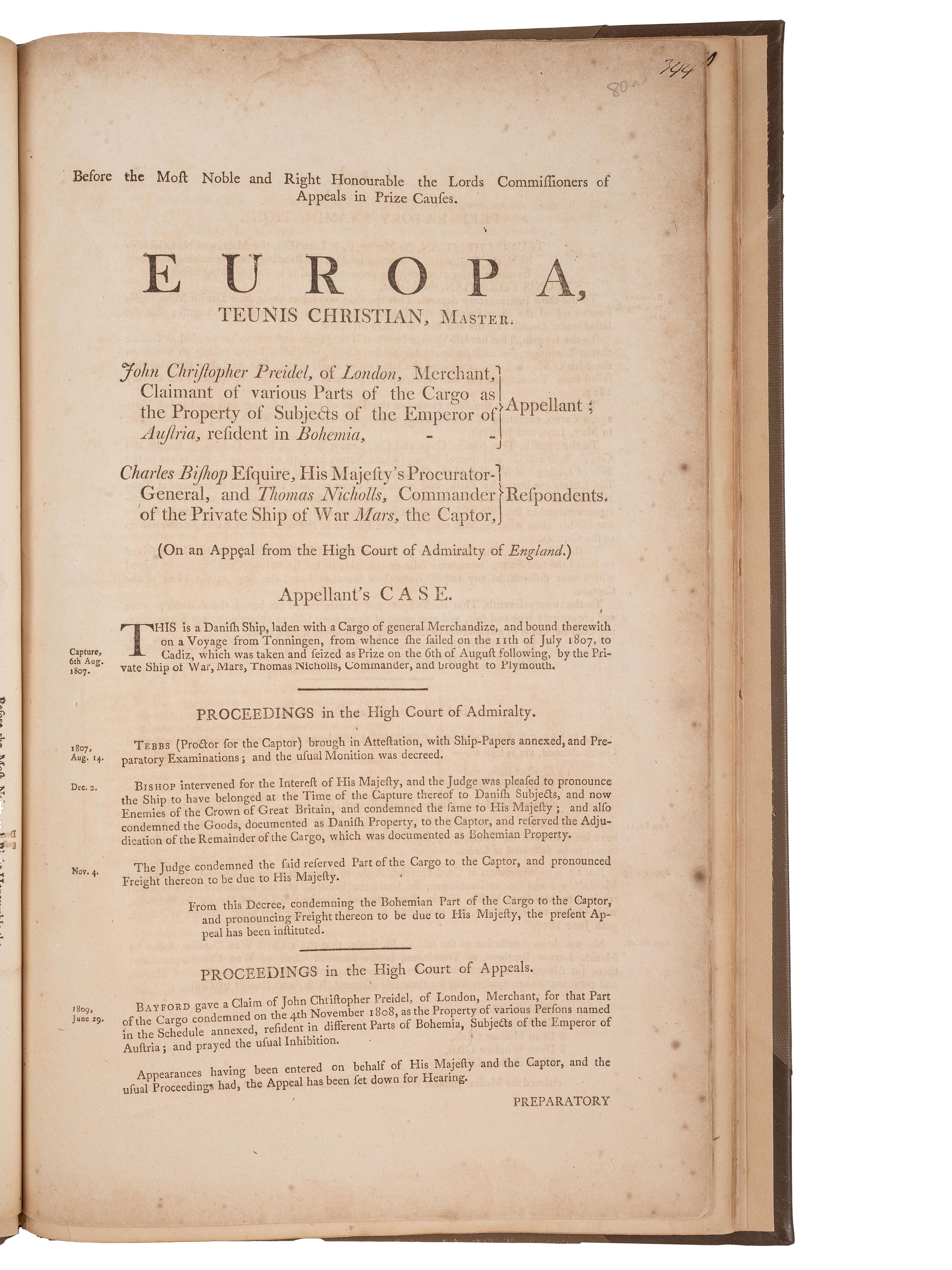 [PIRACY -- PRIVATEERS]. Four printed documents relating to appeals for ships taken prize by privateers.