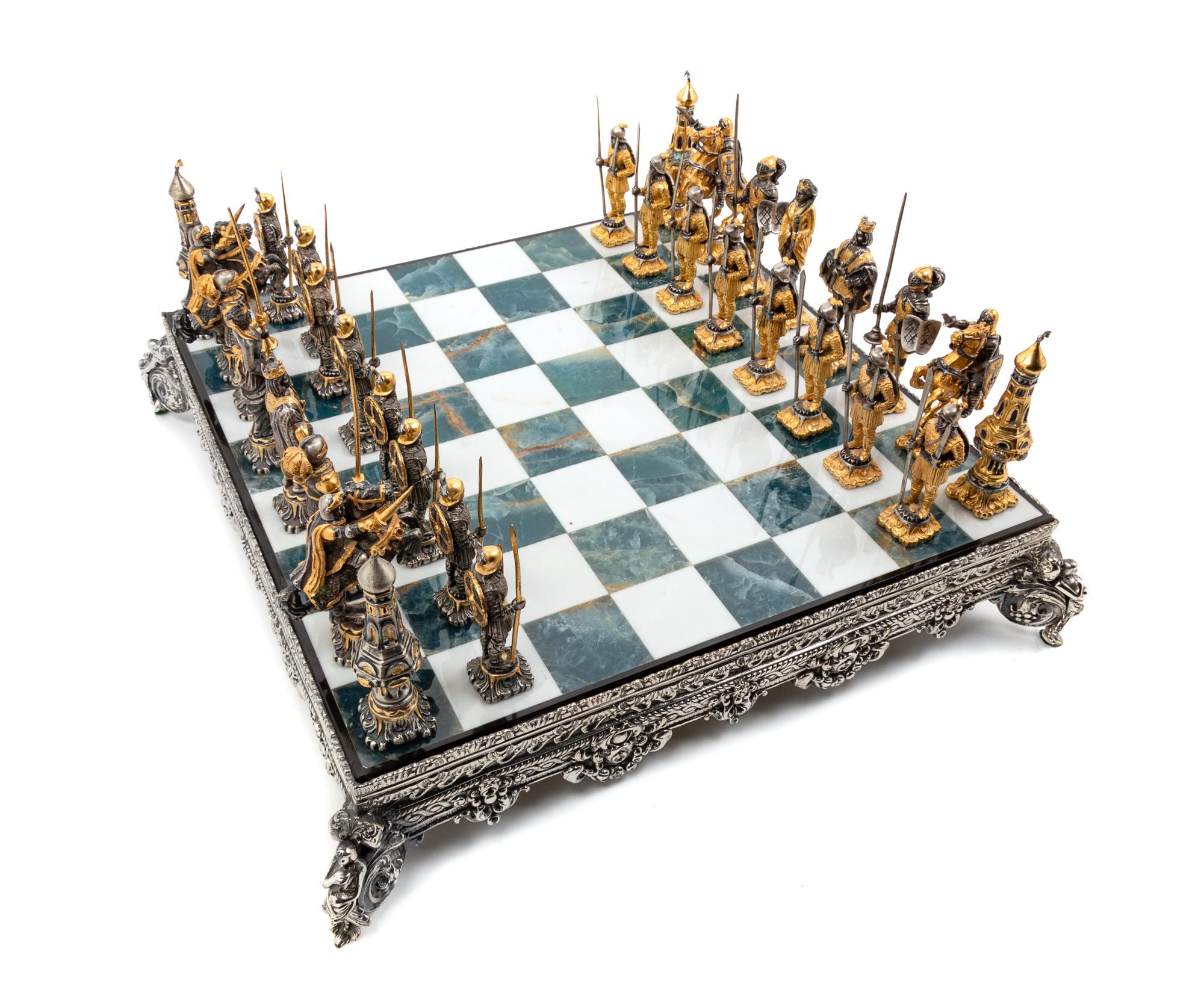 A Giuseppe Vasari Gilt and Silvered Bronze Medieval Chess Set