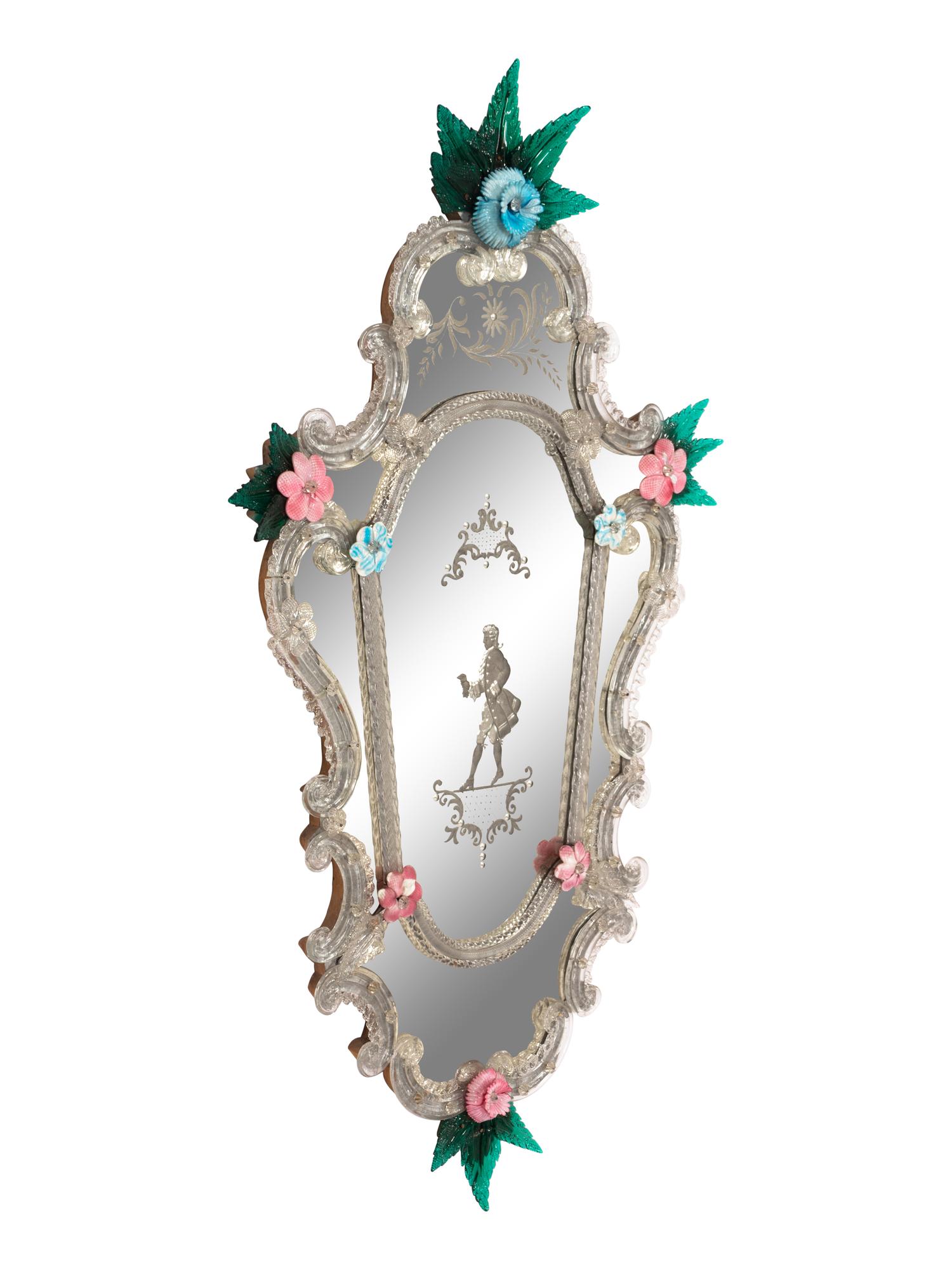 A Pair of Venetian Cartouche Form Etched Glass Girandole Mirrors