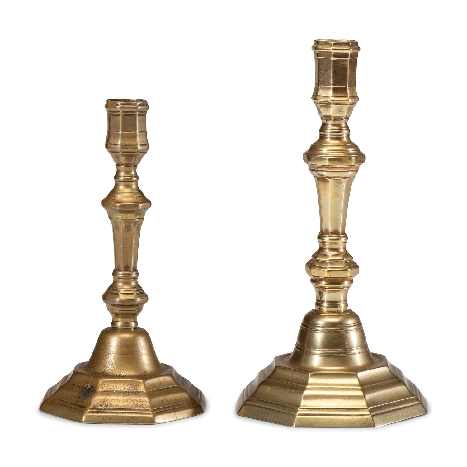Two English Brass Octagonal Base Candlesticks