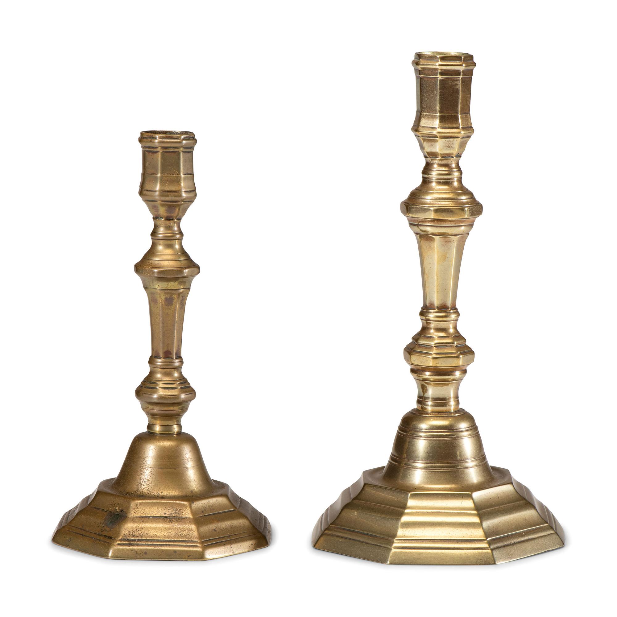 Two English Brass Octagonal Base Candlesticks