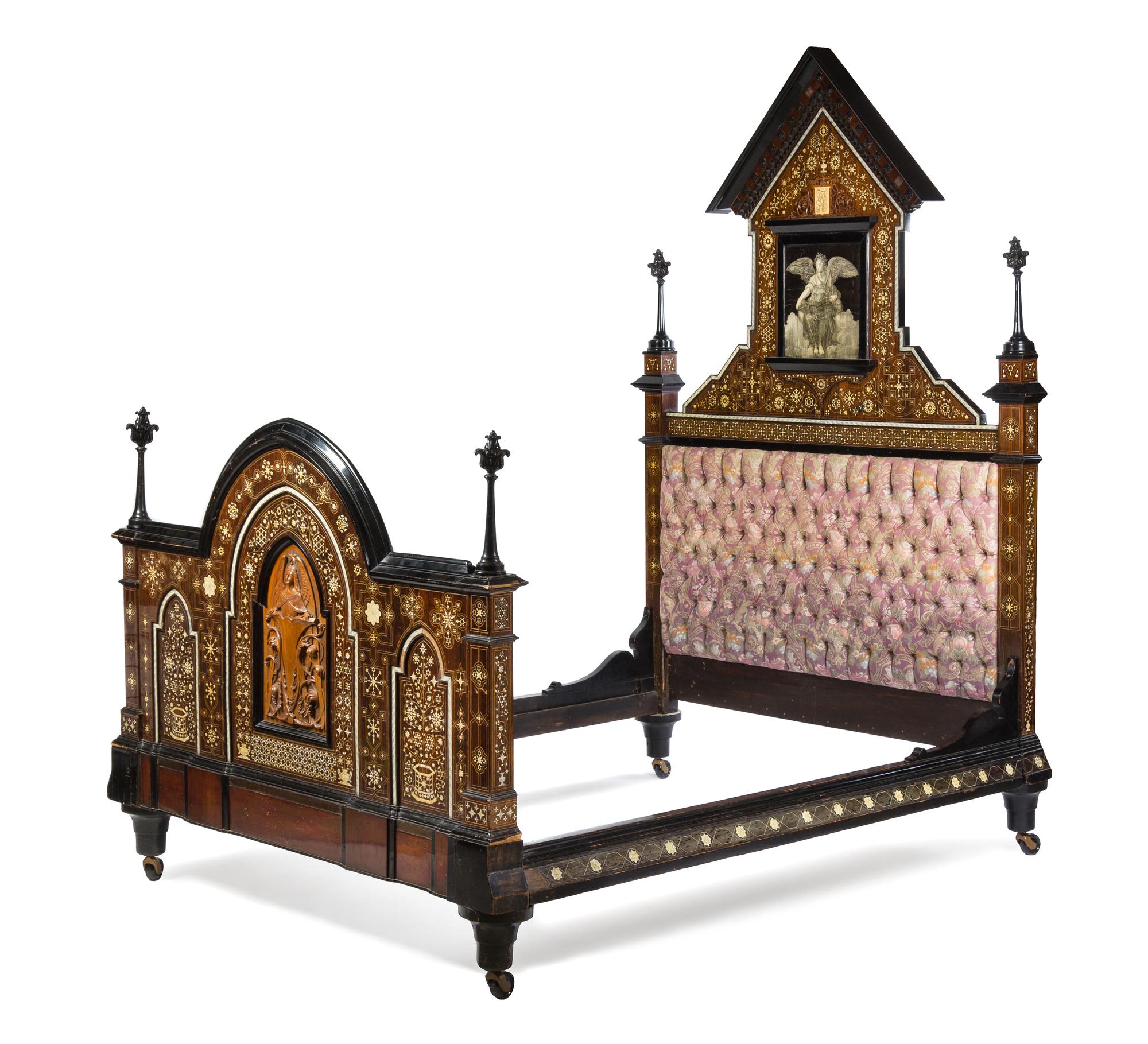 A North Italian Bone Inlaid and Parcel Ebonized Bed Height of headboard 96 x width 65 inches. — 19TH CENTURY