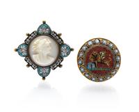 A Pair of Victorian Goldtone and Glass Micromosaic Brooches, 8.50 dwts.