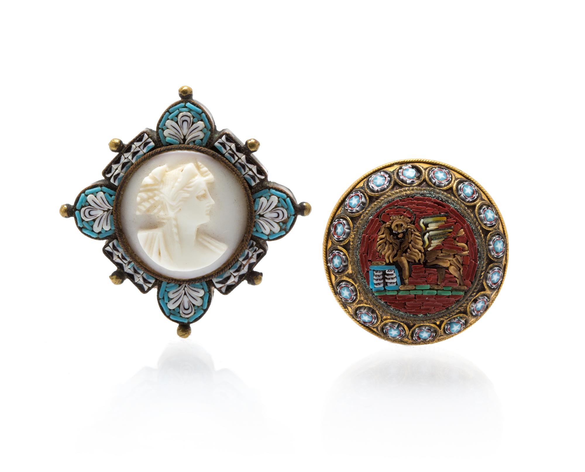 A Pair of Victorian Goldtone and Glass Micromosaic Brooches, 8.50 dwts.