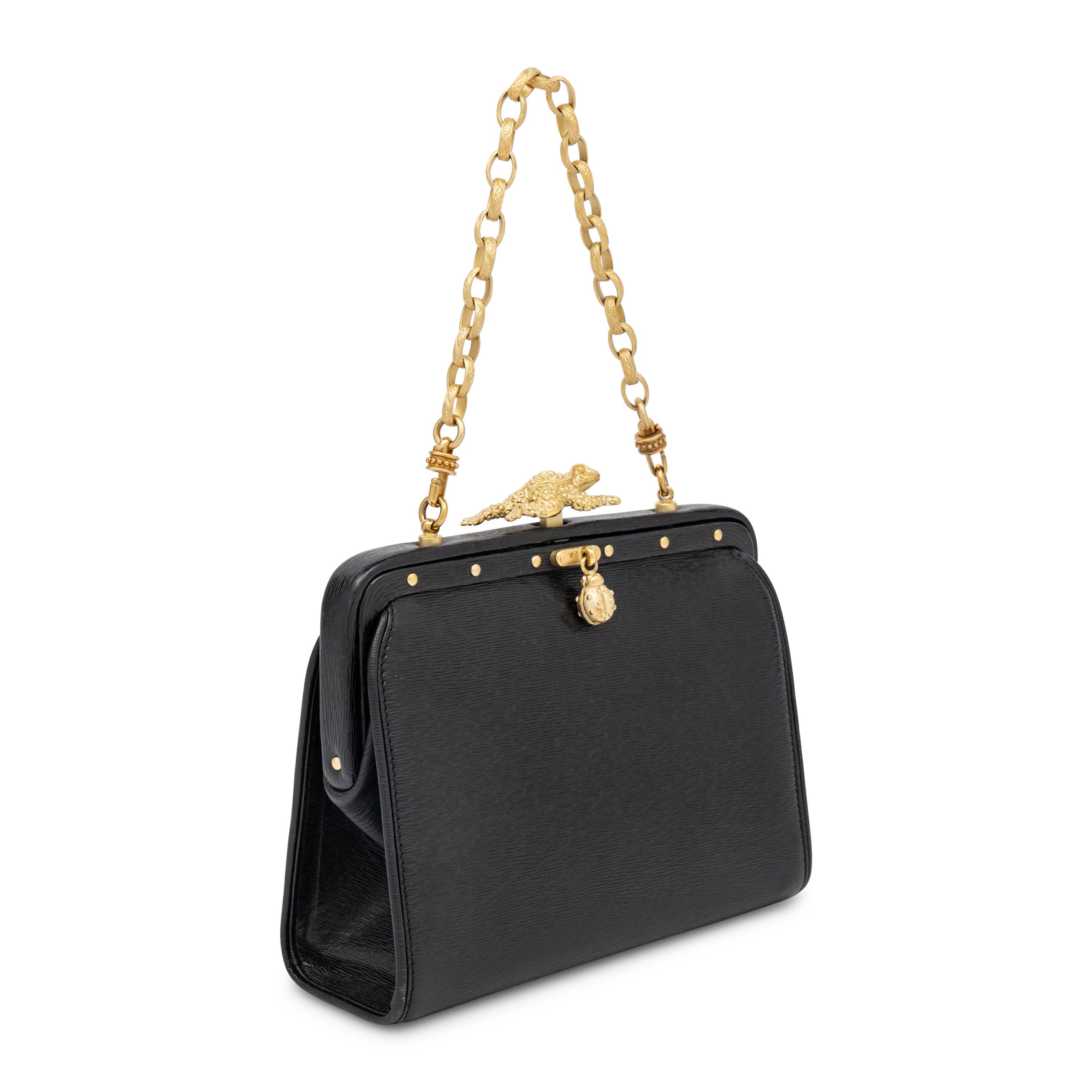 Kieselstein-Cord, Frame-Top Frog Clasp Handbag in Black Leather