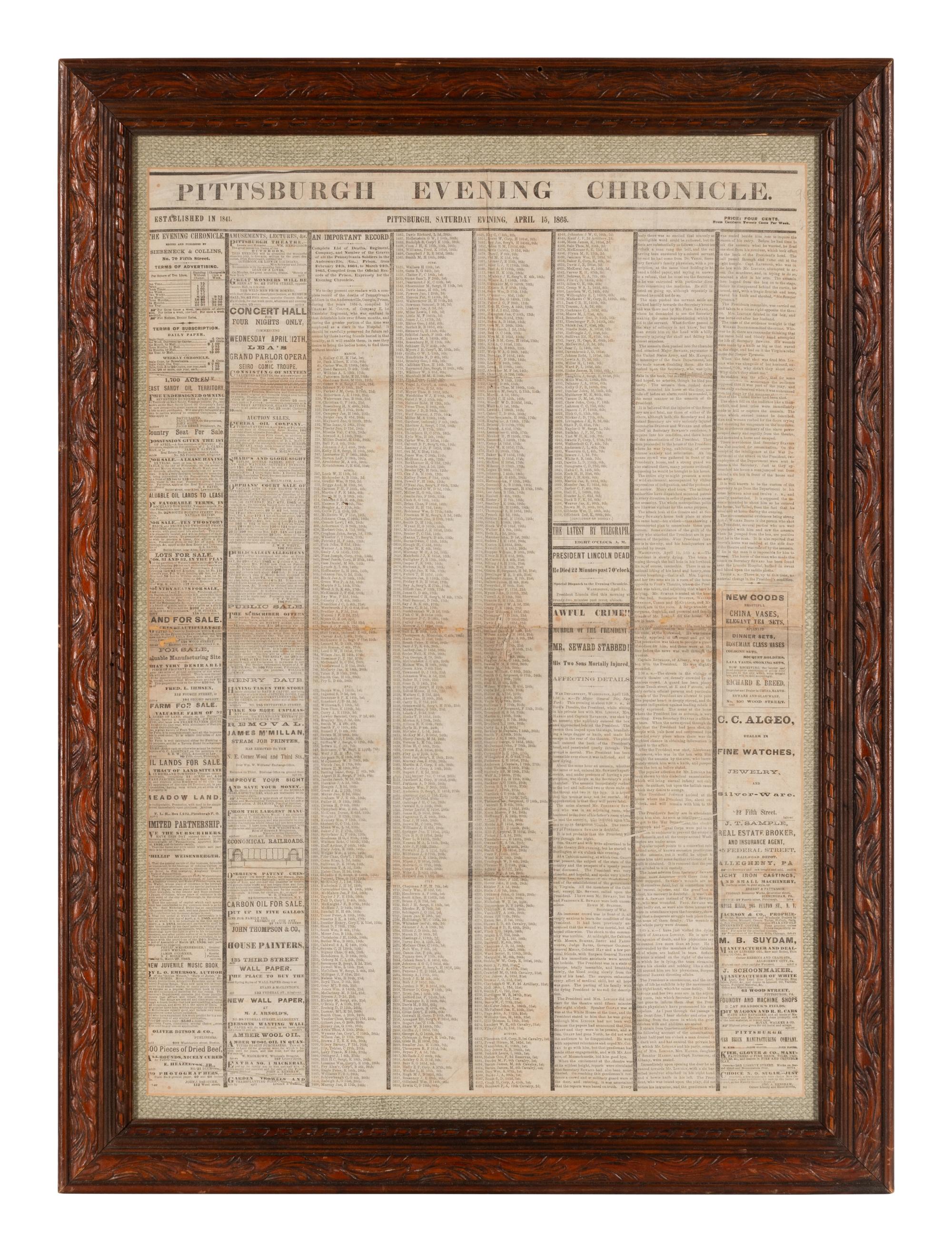 [LINCOLN ASSASSINATION]. Pittsburgh Evening Chronicle . Siebeneck & Collins, 15 April 1865.