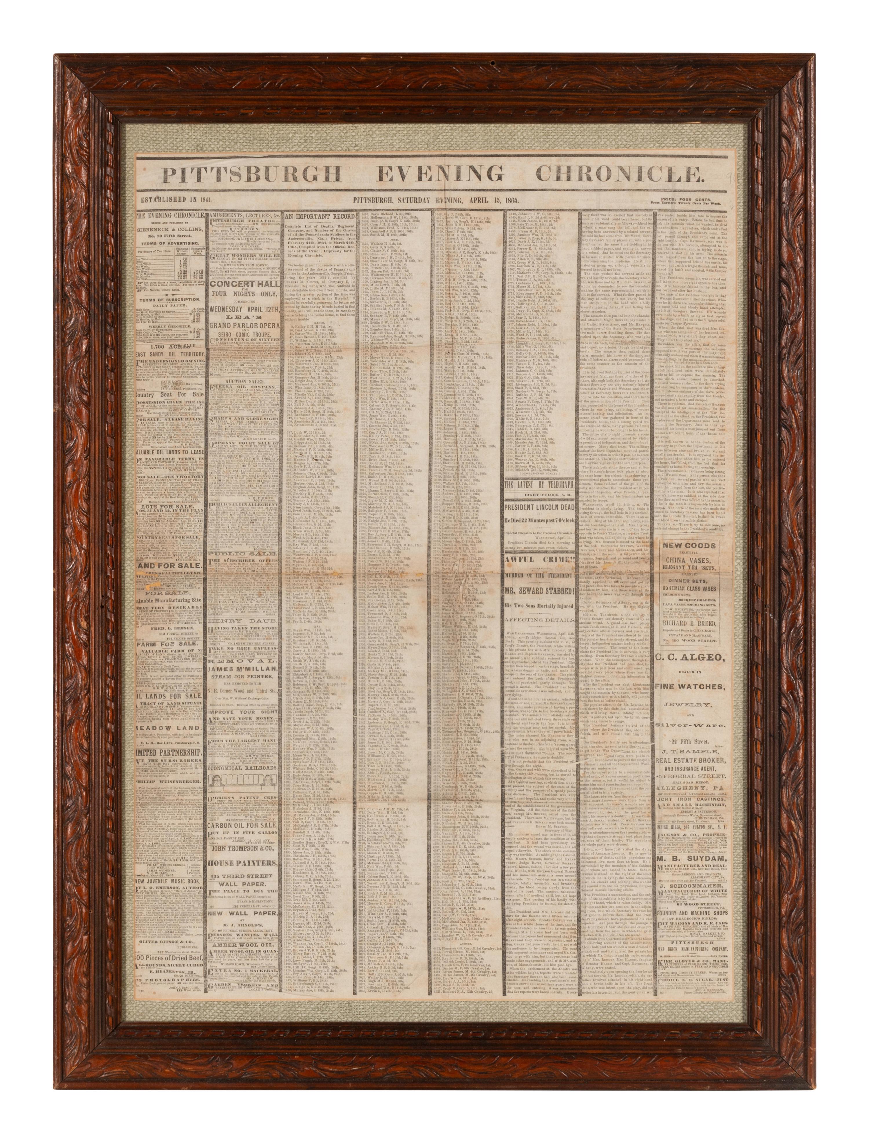 [LINCOLN ASSASSINATION]. Pittsburgh Evening Chronicle . Siebeneck & Collins, 15 April 1865.