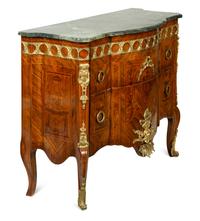 A Louis XVI Style Gilt Bronze Mounted Marquetry Marble-Top Commode