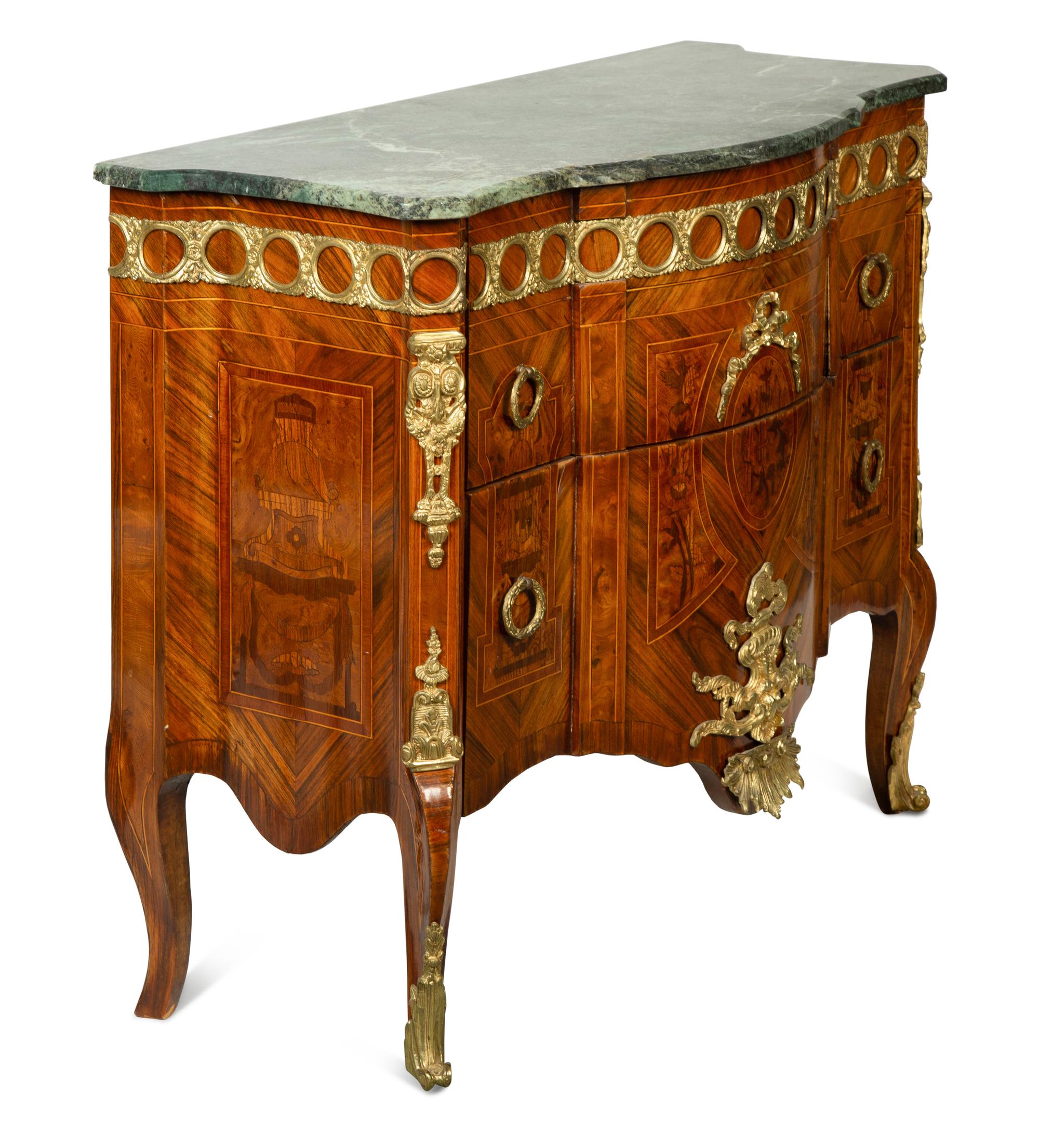 A Louis XVI Style Gilt Bronze Mounted Marquetry Marble-Top Commode