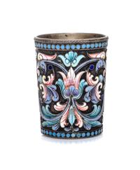 A Russian Silver and Enamel Liquor Glass, Moscow, 1908-1926, having polychrome foliate decoration throughout.
