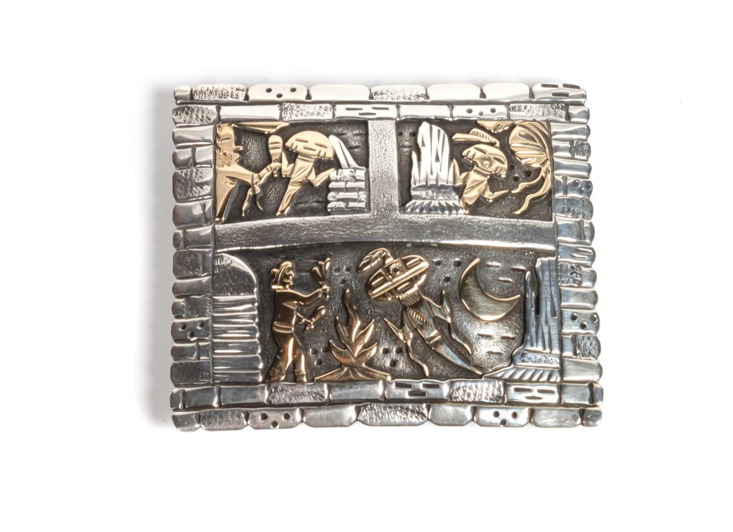 Navajo Silver and 14 Karat Gold Storyteller Belt Buckle, Floyd Becenti, Jr. Height 2 1/2 x width 3 inches