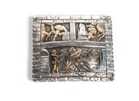Navajo Silver and 14 Karat Gold Storyteller Belt Buckle, Floyd Becenti, Jr. Height 2 1/2 x width 3 inches