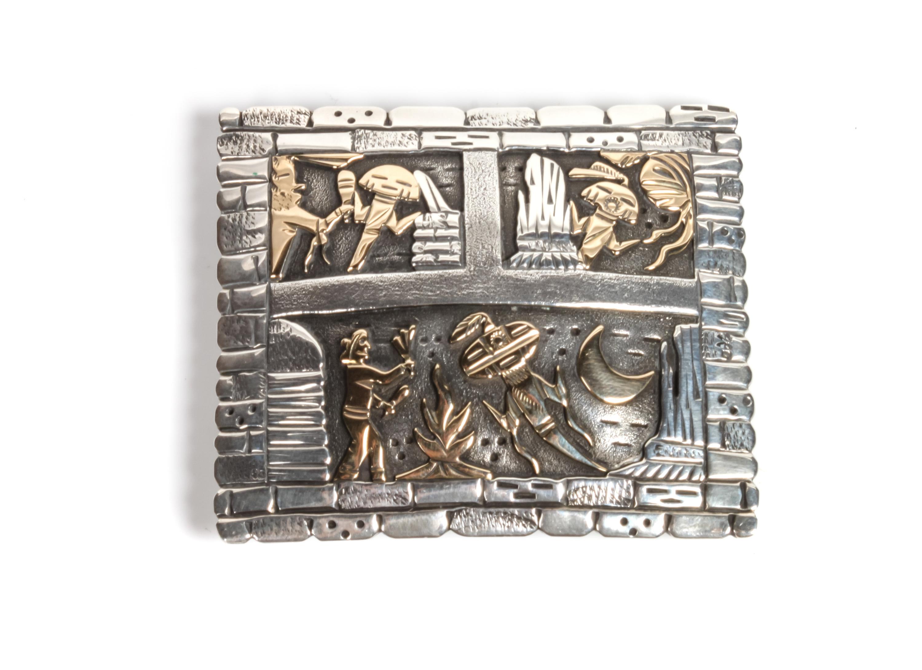 Navajo Silver and 14 Karat Gold Storyteller Belt Buckle, Floyd Becenti, Jr. Height 2 1/2 x width 3 inches