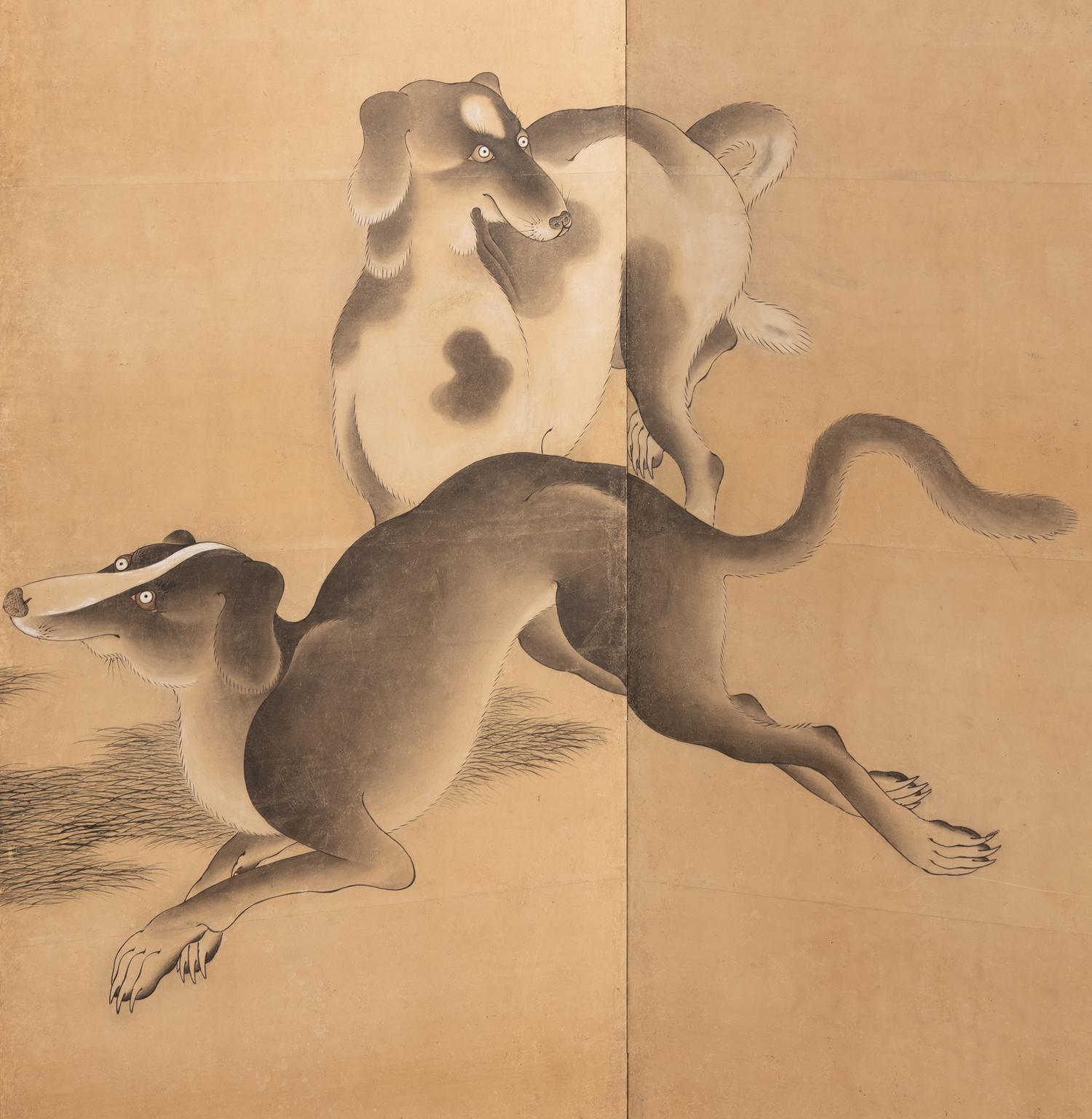 Possibly Unkoku School, Edo Period (1615-1868) 江戶時代 雲谷派“五犬圖”六扇屏風