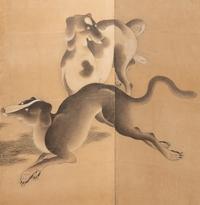 Possibly Unkoku School, Edo Period (1615-1868) 江戶時代 雲谷派“五犬圖”六扇屏風