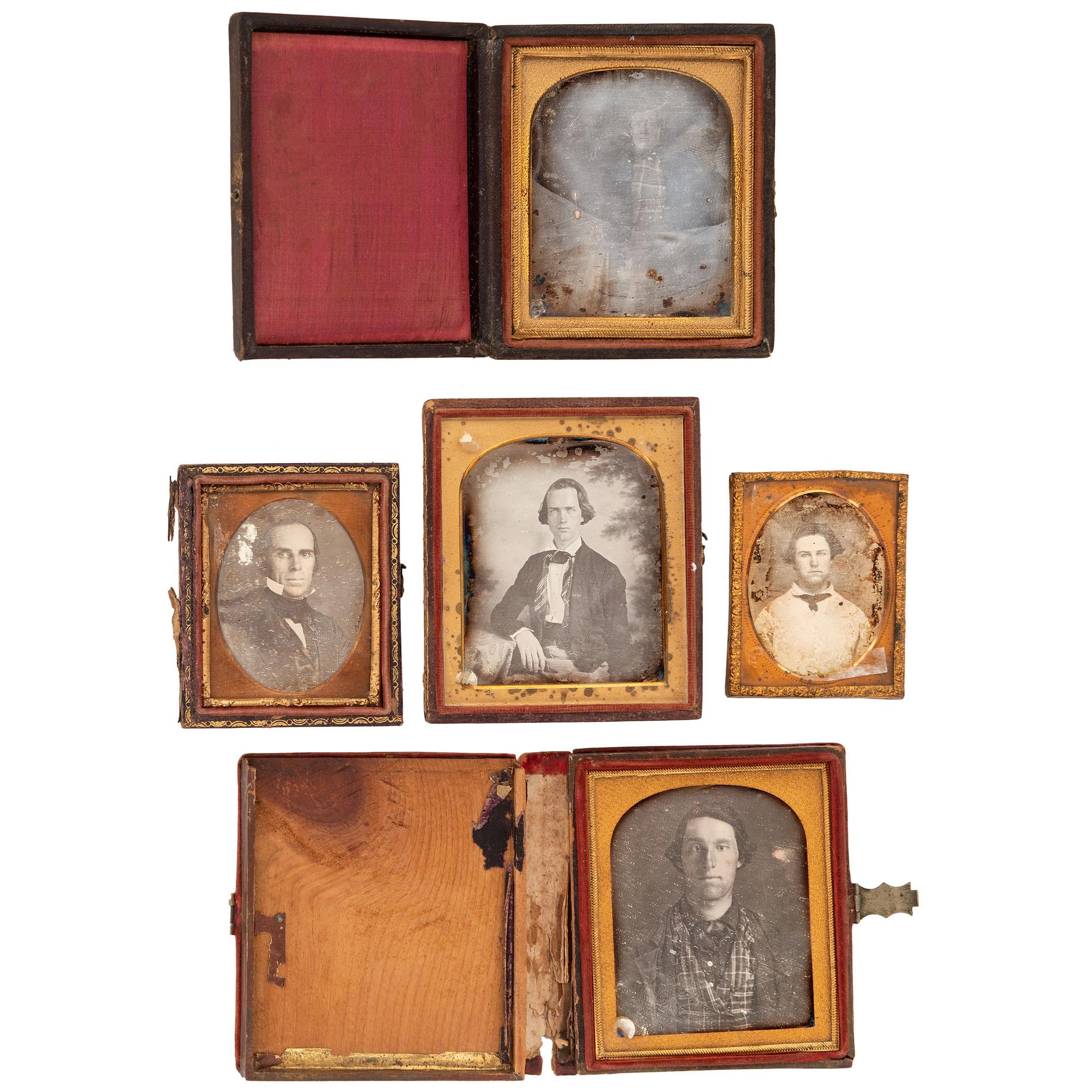 [EARLY PHOTOGRAPHY - PORTRAITURE]. A group of 14 daguerreotype portraits of men with interesting accessories or garments, including: