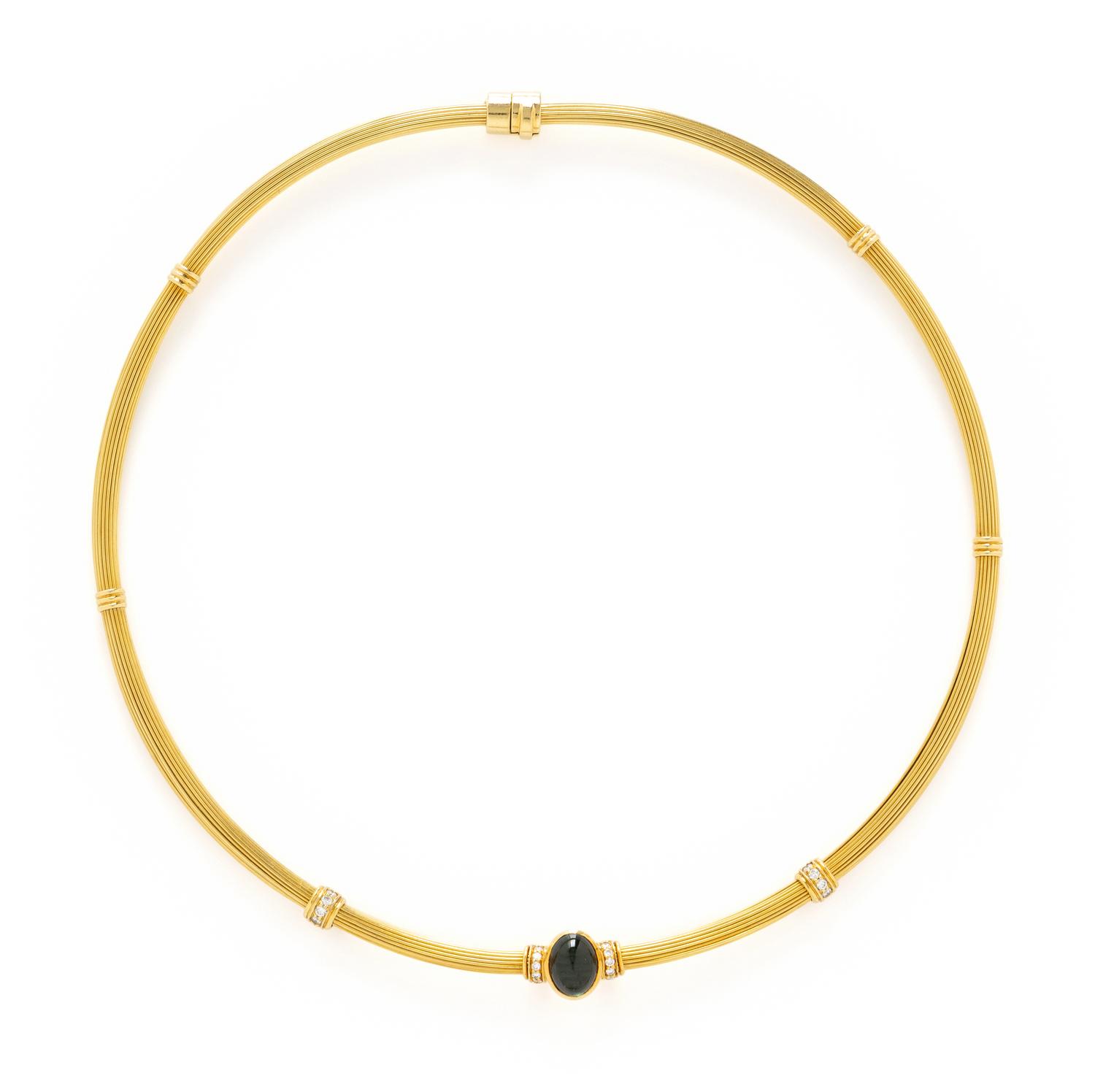 YELLOW GOLD, GREEN TOURMALINE, AND DIAMOND NECKLACE