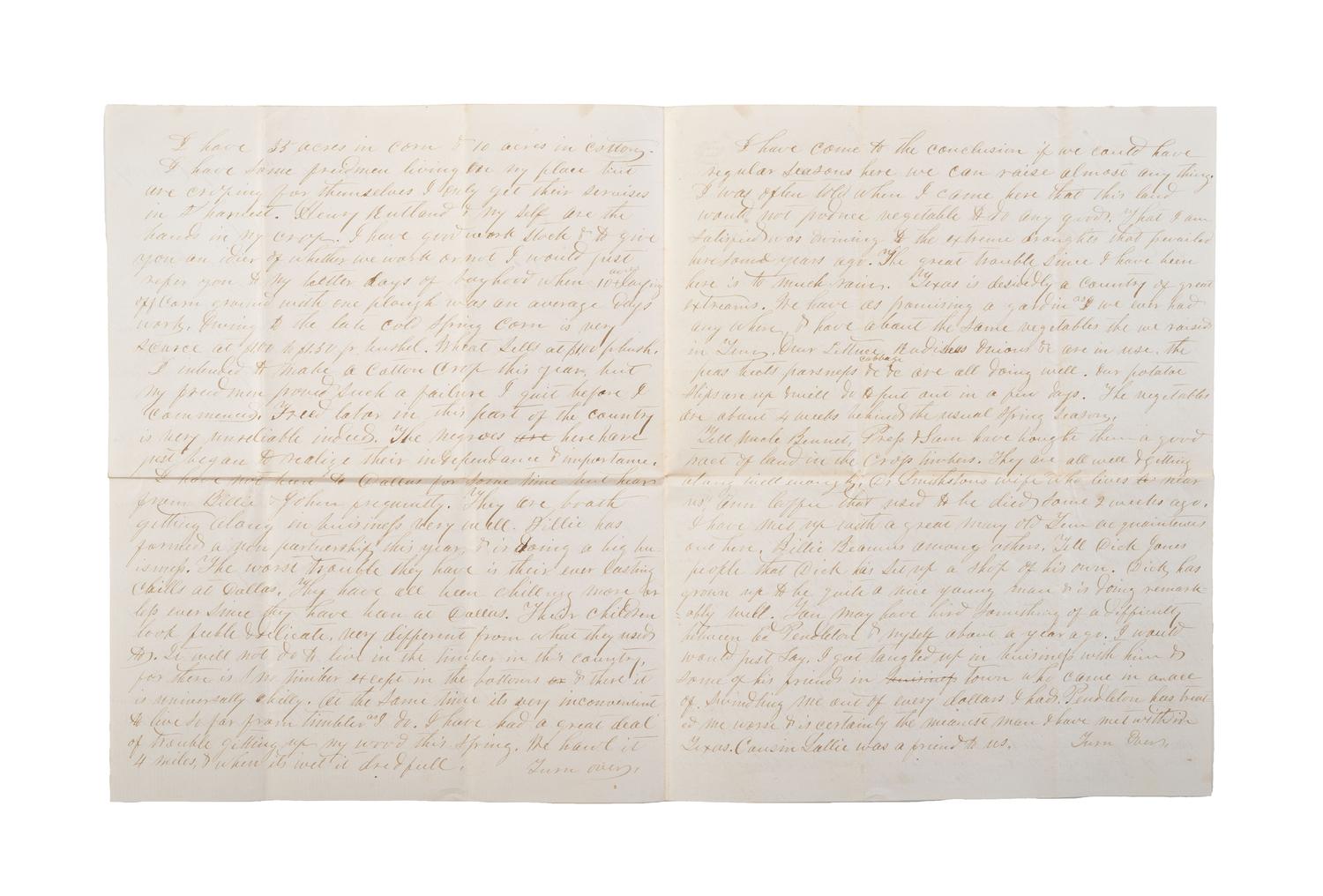 [RECONSTRUCTION]. SMART, R.C. Autograph letter signed ("R.C. Smart"), to General Benjamin Hill (1825-1880), regarding Freedmen in Texas. Ellis County, TX, 28 April 1867.