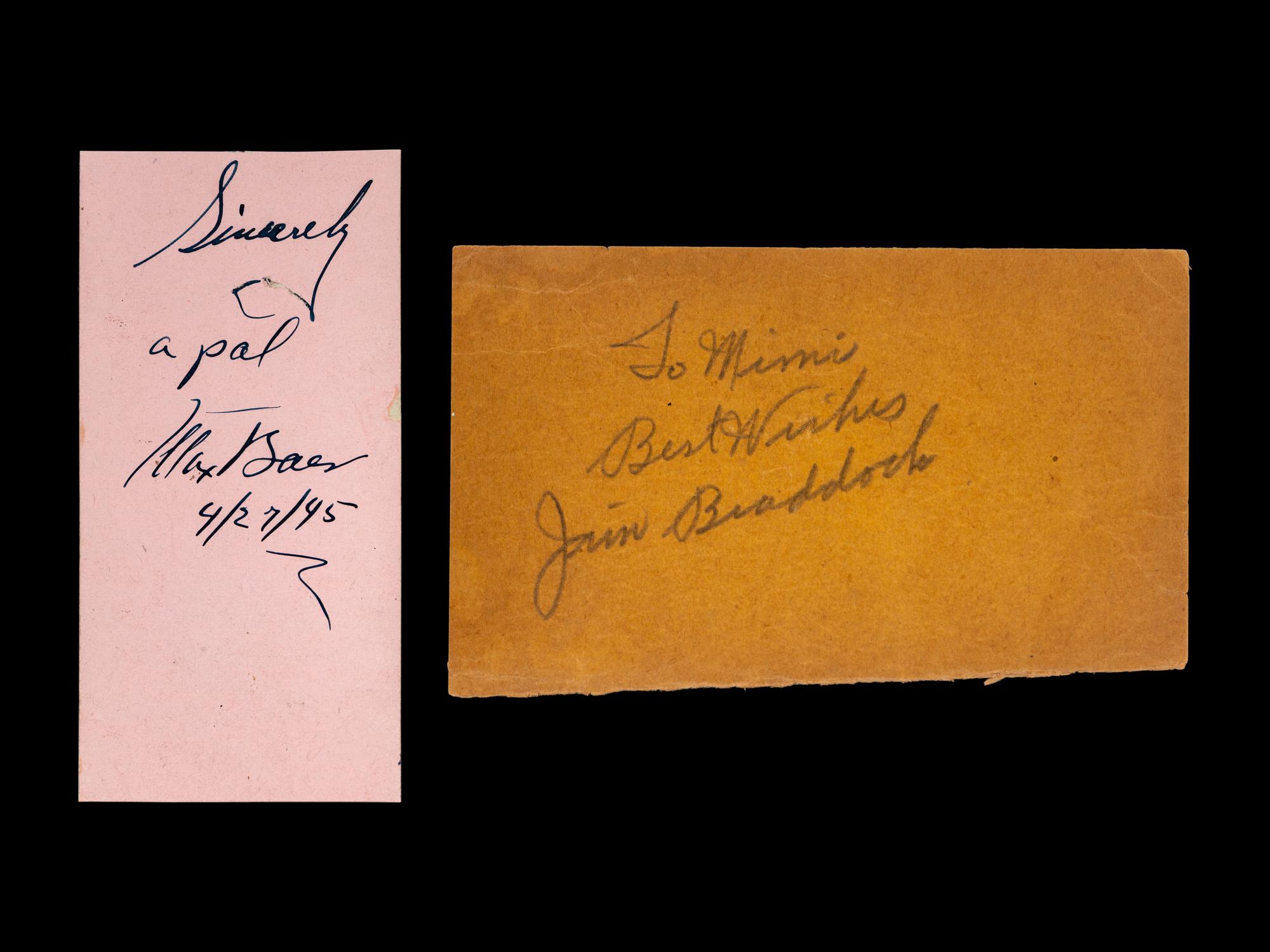 A Group of James J Braddock and Max Baer Signed Autograph Items (Braddock signed as Jim),