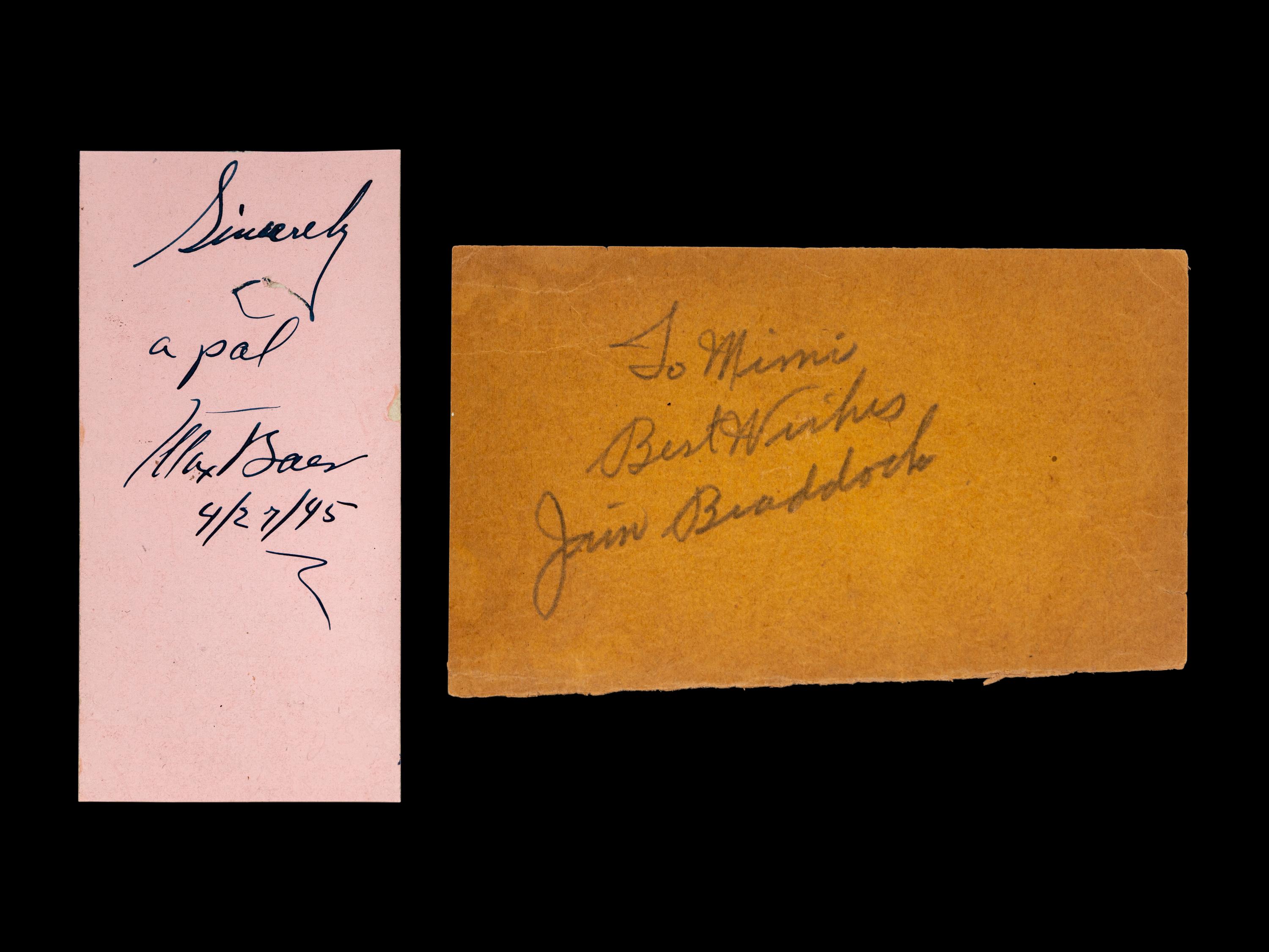 A Group of James J Braddock and Max Baer Signed Autograph Items (Braddock signed as Jim),