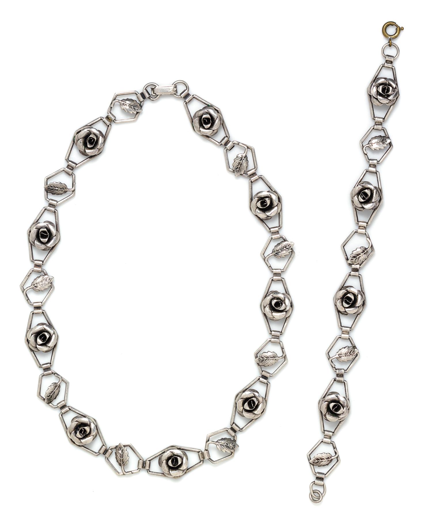A Sterling Silver Rose and Leaf Motif Demi Parure, Beau, 21.30 dwts.