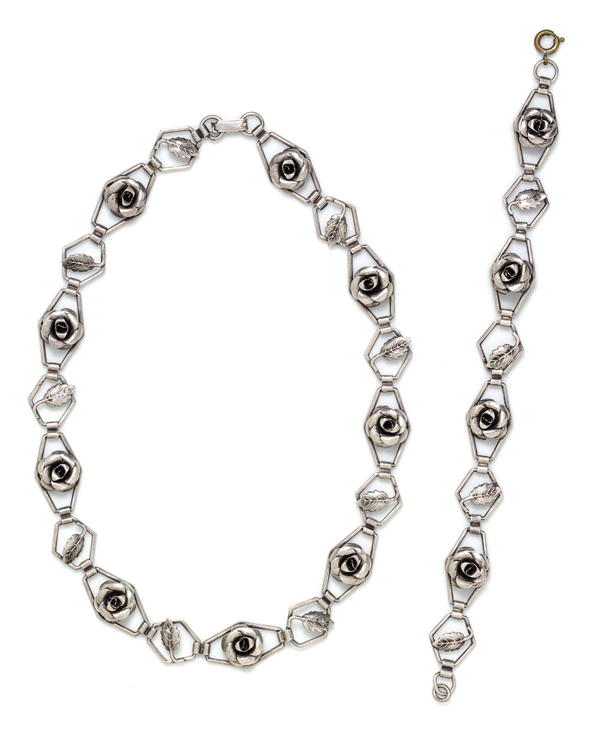 A Sterling Silver Rose and Leaf Motif Demi Parure, Beau, 21.30 dwts.