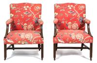 A Pair of George II Style Mahogany Upholstered Open Armchairs Height 39 1/2 x width 28 x depth 24 inches.. — 20TH CENTURY