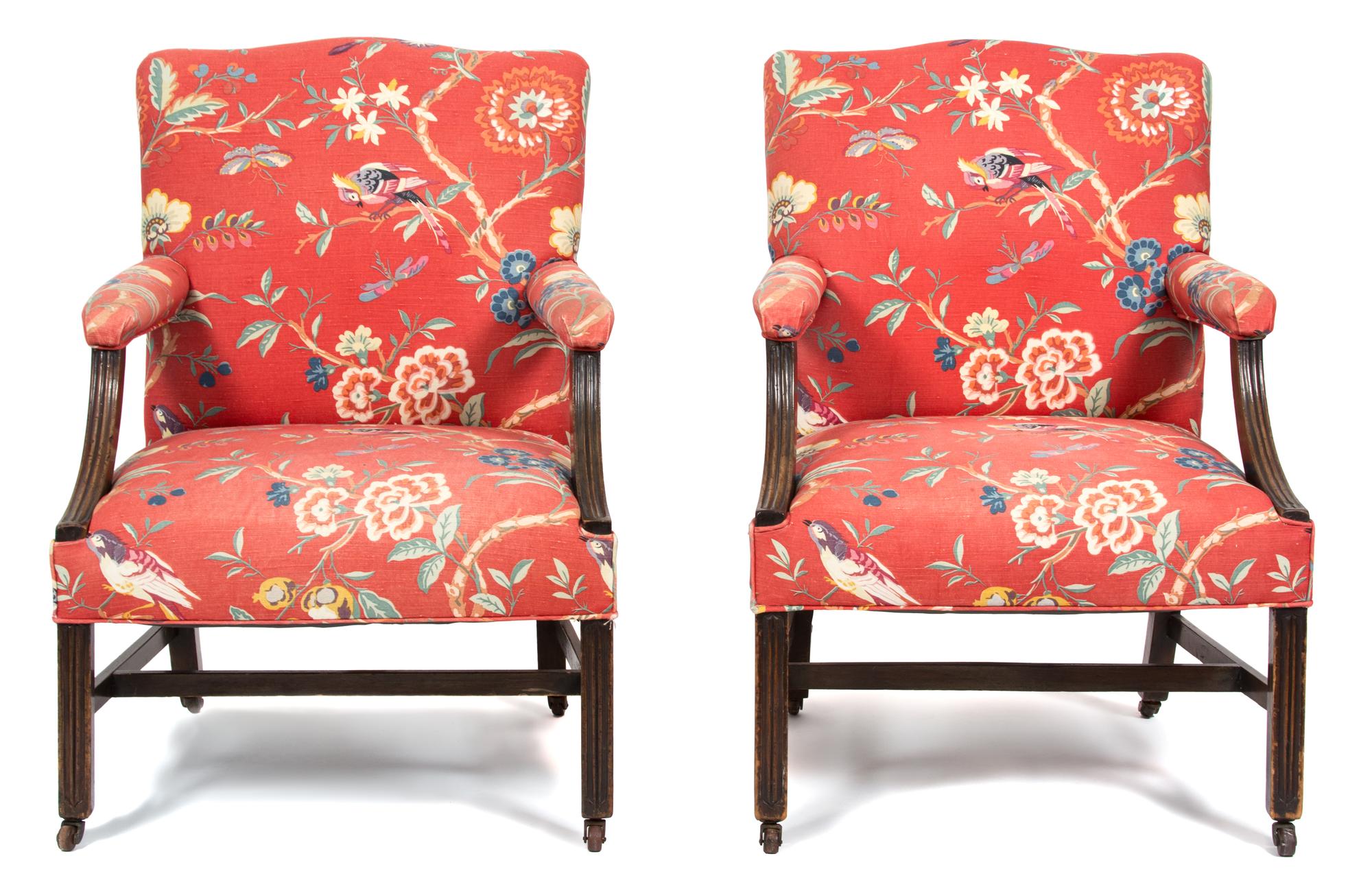 A Pair of George II Style Mahogany Upholstered Open Armchairs Height 39 1/2 x width 28 x depth 24 inches.. — 20TH CENTURY