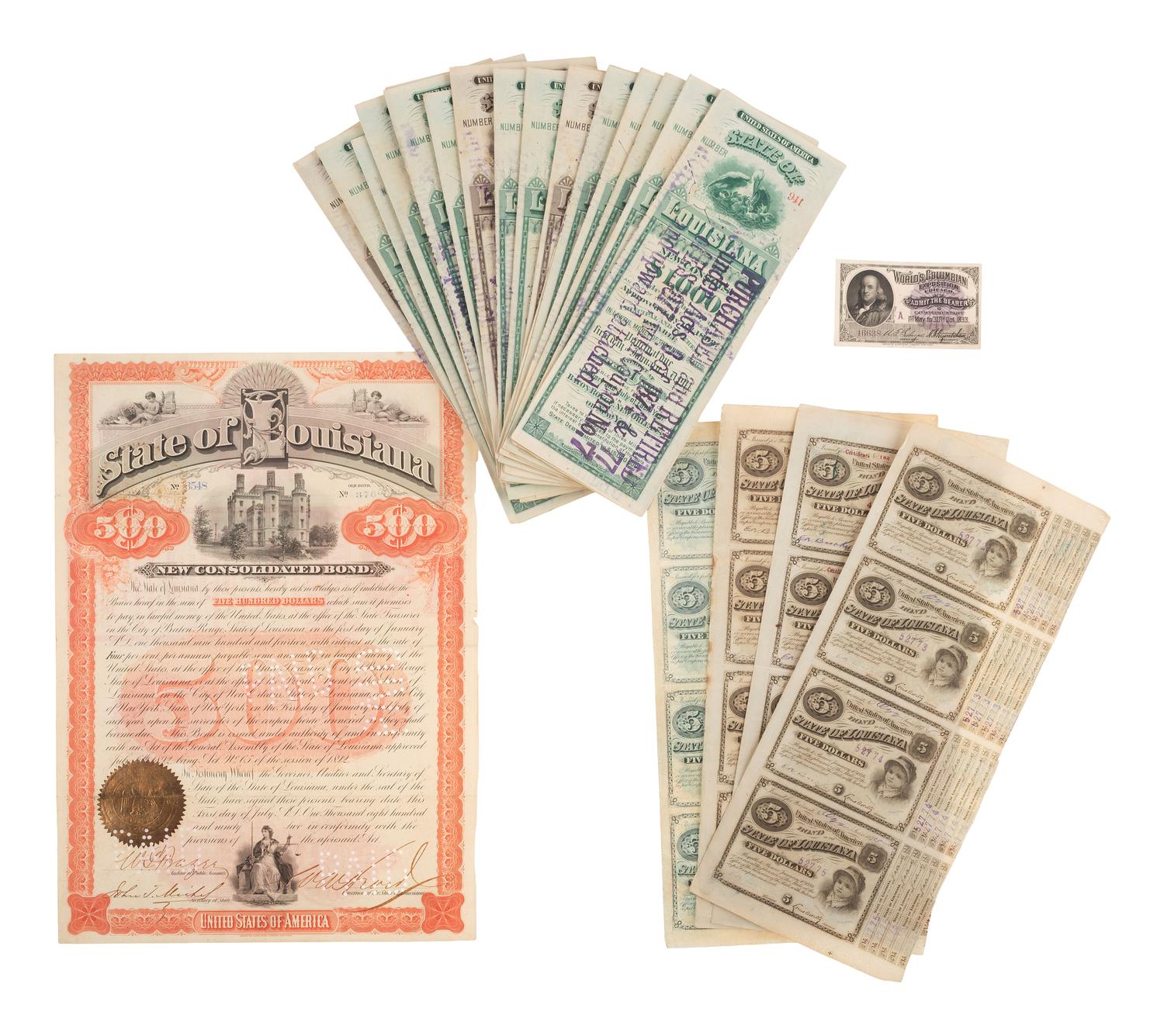 [BUSINESS - LOUISIANA]. Extensive group of 800+ checks & stock certificates, many from Louisiana.