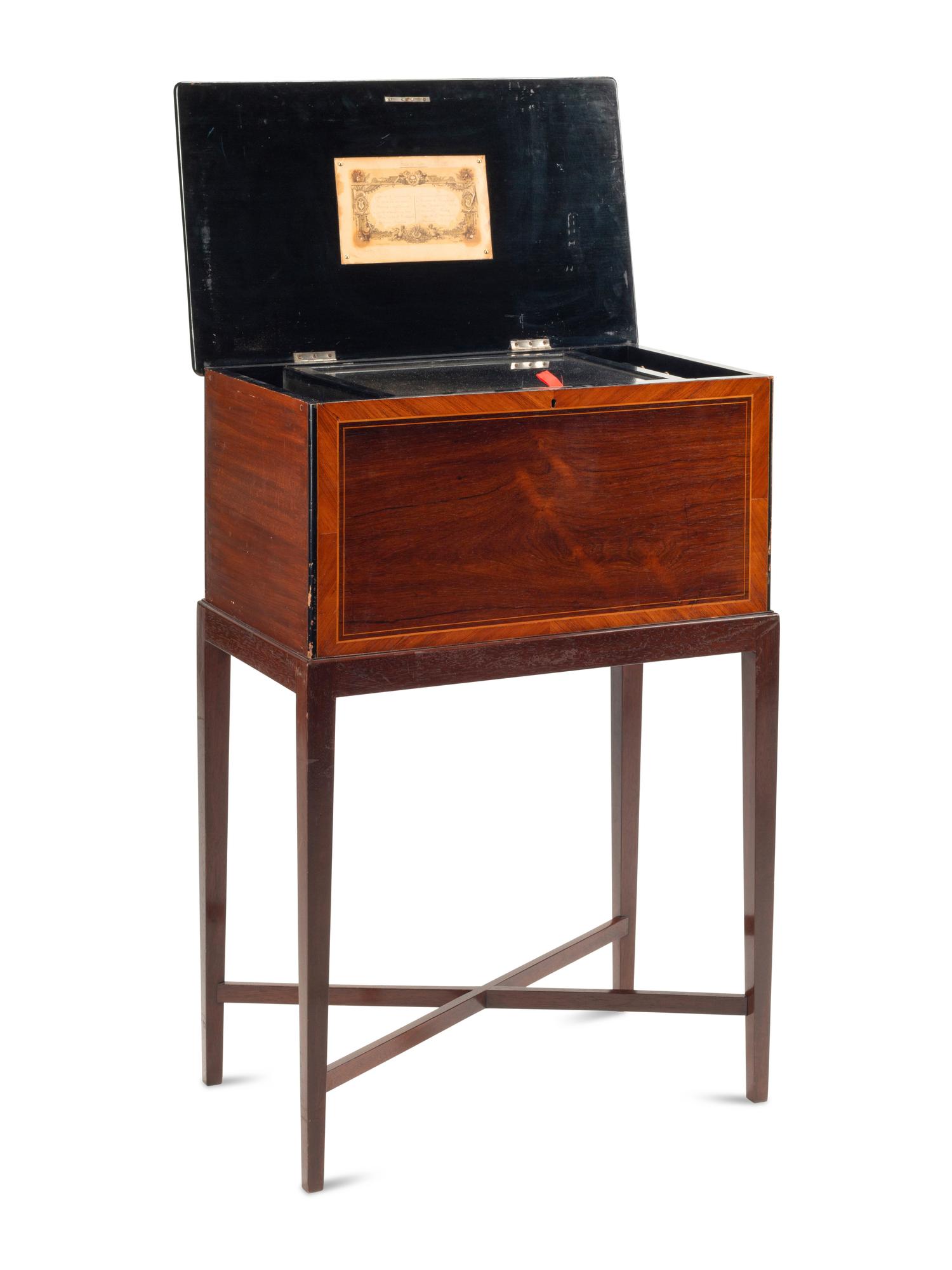 A Swiss “Bells in Sight” Cylinder Music Box on Stand