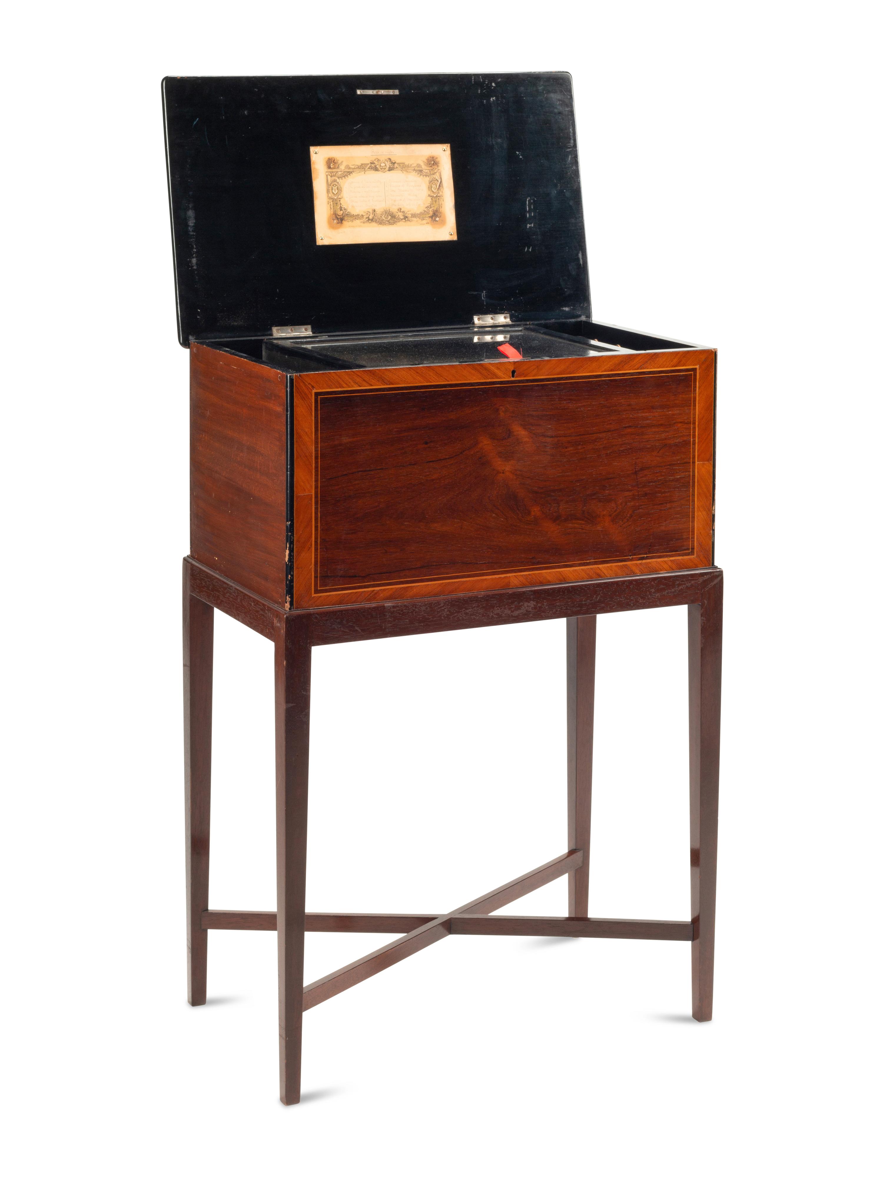A Swiss “Bells in Sight” Cylinder Music Box on Stand