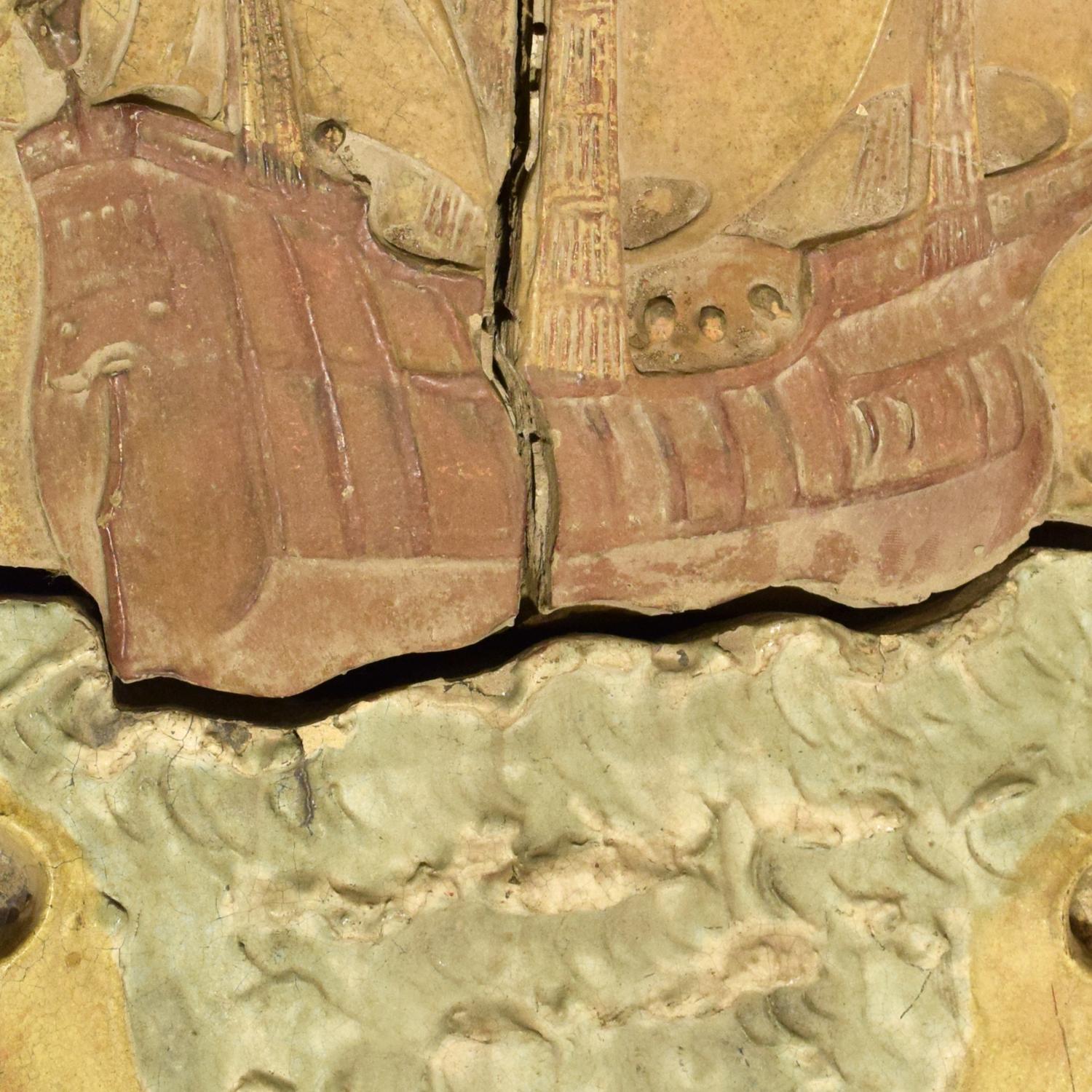 American Polychrome Terra Cotta Mosaic Ship Panel from the South Shore Hotel, Chicago, IL. 42" W x 14" D x 66" H — United States, Early 20th Century