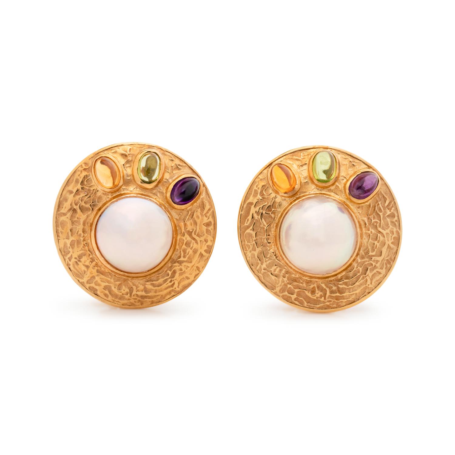 YELLOW GOLD, CULTURED MABE PEARL AND MULTIGEM EARCLIPS