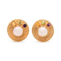 YELLOW GOLD, CULTURED MABE PEARL AND MULTIGEM EARCLIPS