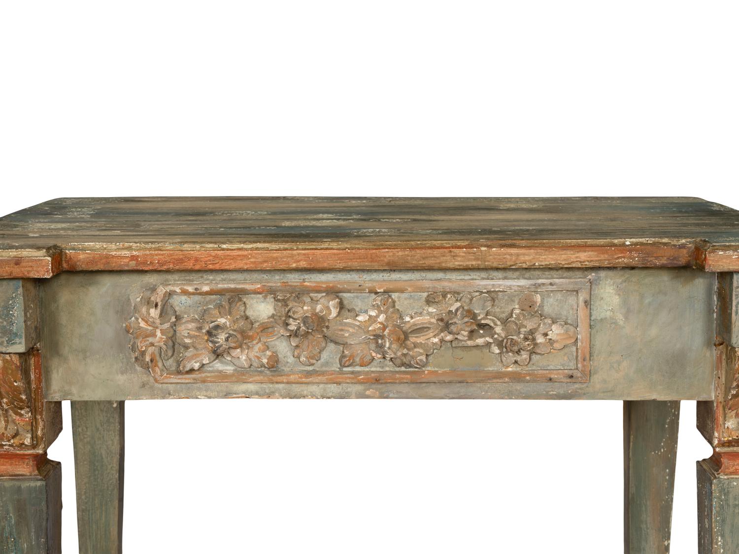 An Italian Polychrome Painted and Parcel Gilt Console Table