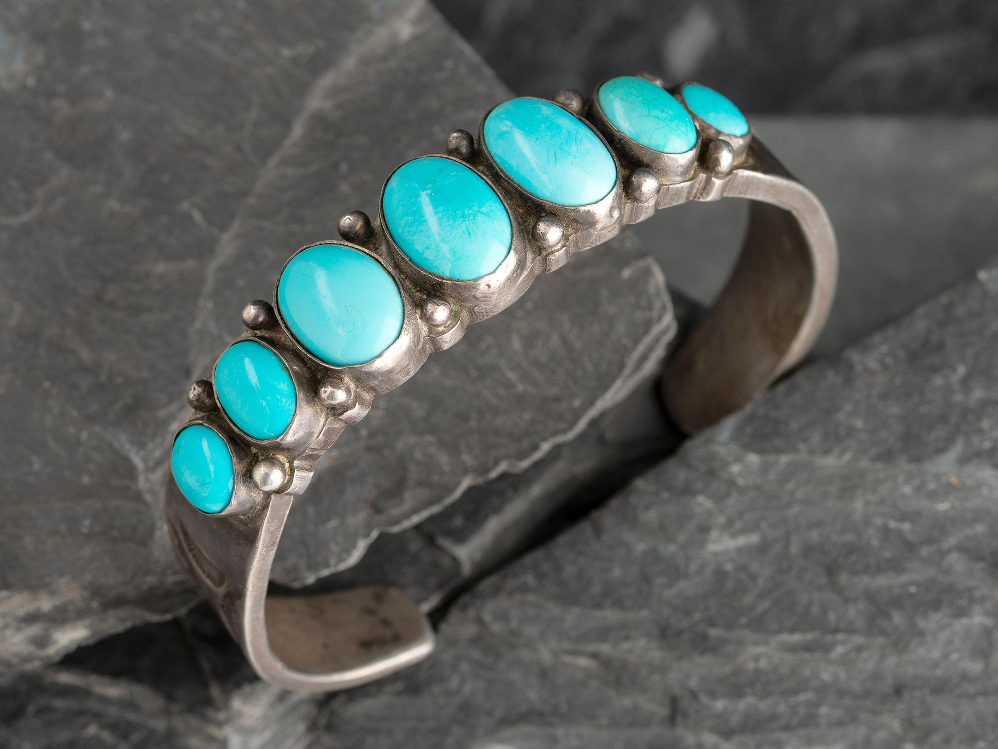 Heavy Navajo Silver and Turquoise Cuff Bracelet