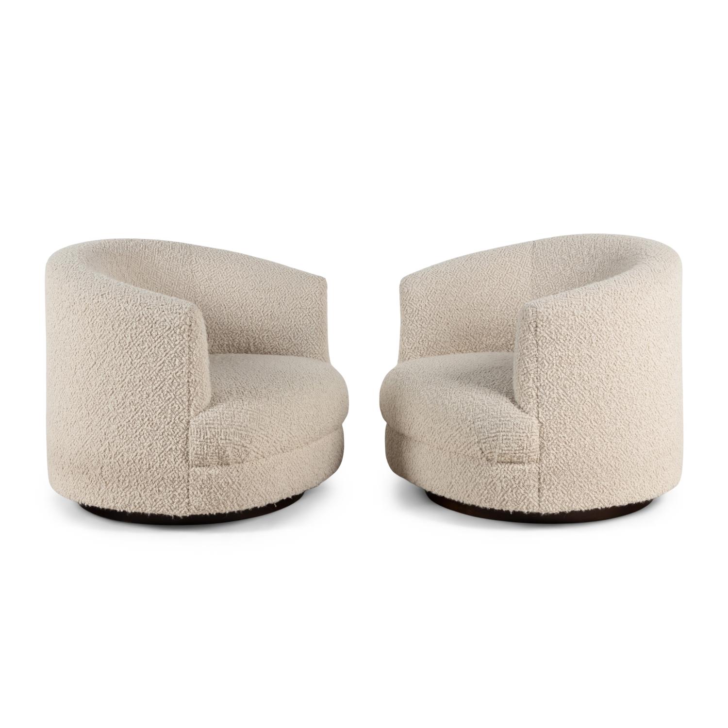 A Pair of Custom Barrel Back Swivel Chairs with Bouclé Upholstery