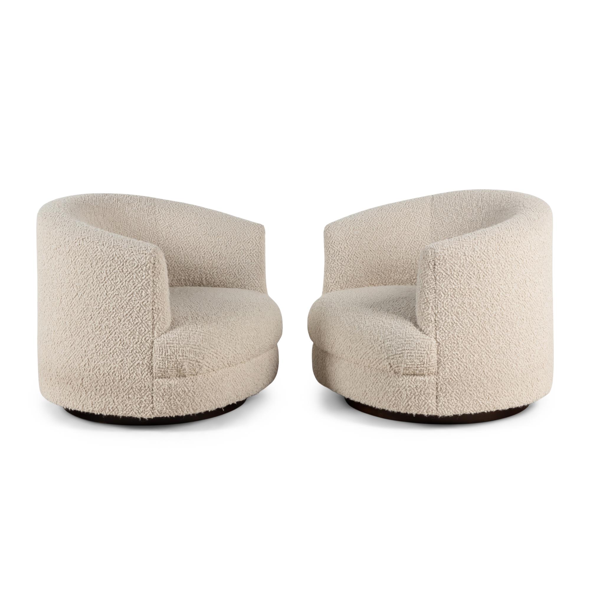 A Pair of Custom Barrel Back Swivel Chairs with Bouclé Upholstery