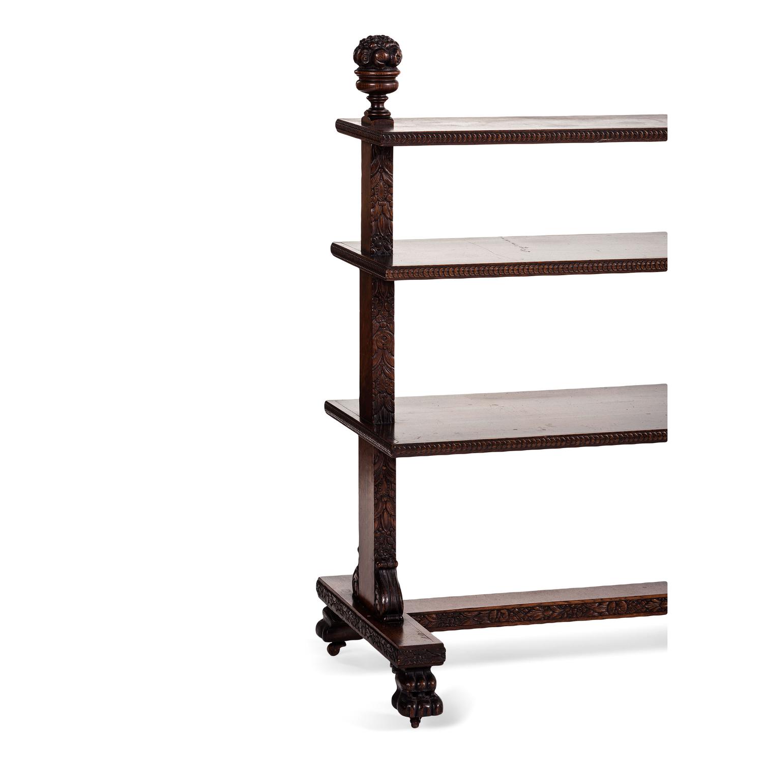 A Carved Oak Vitrine Cabinet and Open Bookshelf