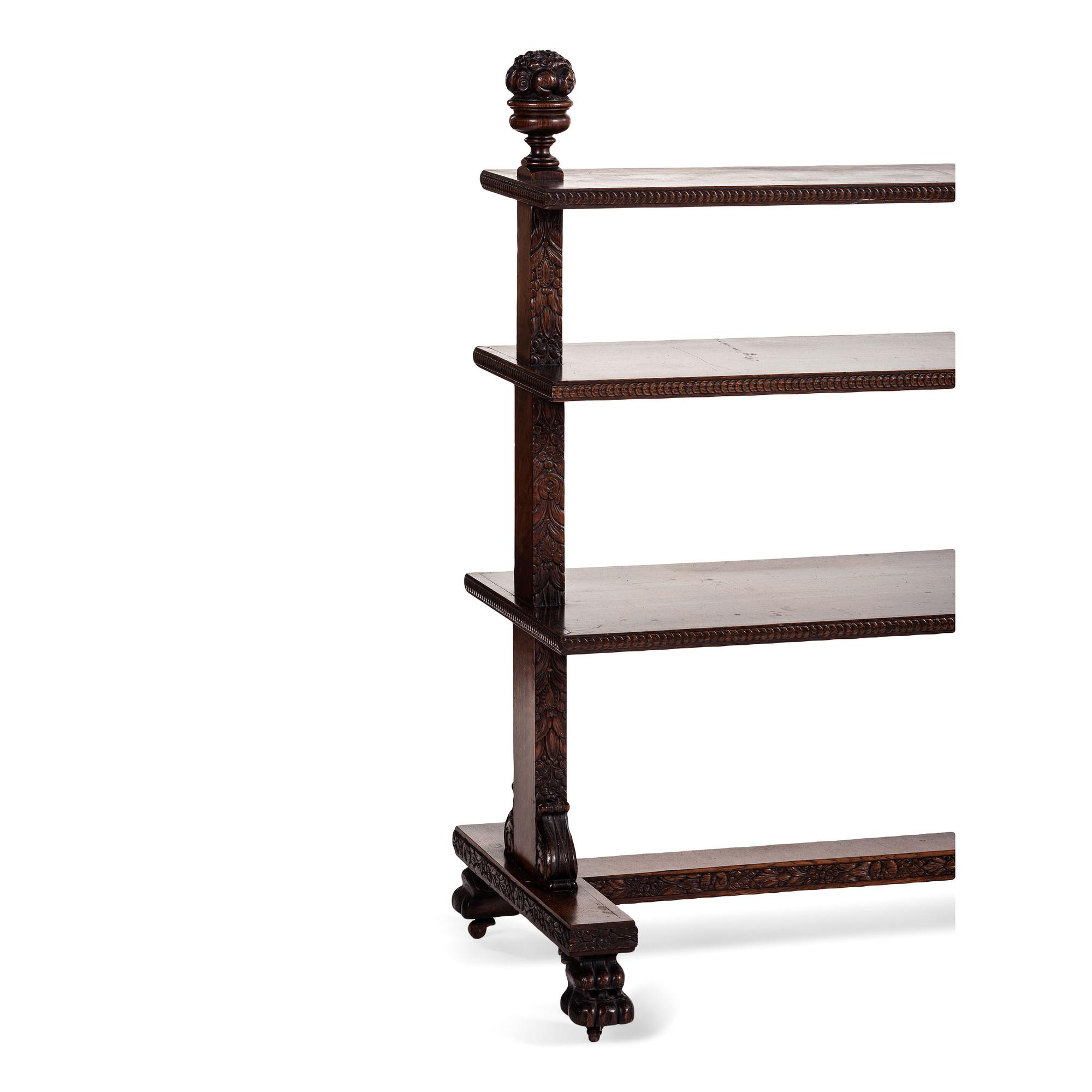 A Carved Oak Vitrine Cabinet and Open Bookshelf
