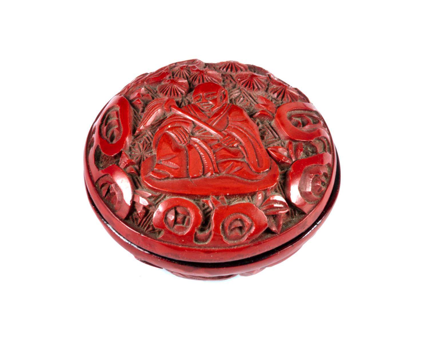 A Small Cinnabar Lacquer Circular Box and Cover Diameter 1 3/8 inches. — 18TH CENTURY
