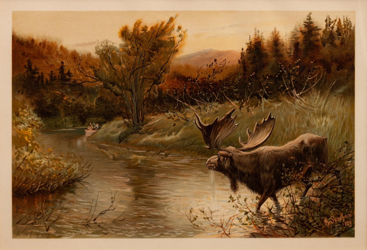 Three prints with text from the portfolio Sport or Fishing and Shooting (Henry Sandham, The Wapiti ; Edward Knobel, The Big-Horn; Henry Sandham , The Moose)