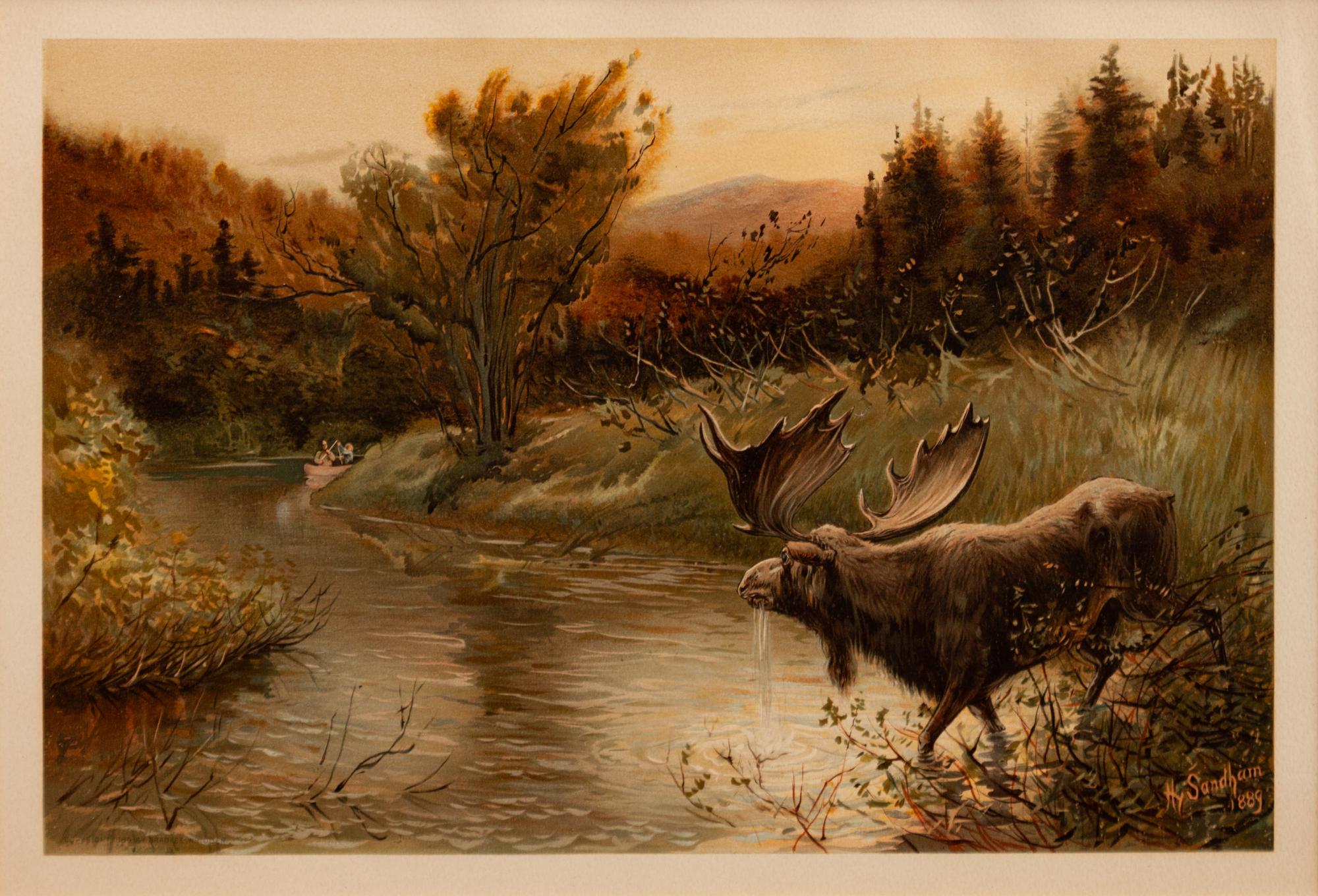 Three prints with text from the portfolio Sport or Fishing and Shooting (Henry Sandham, The Wapiti ; Edward Knobel, The Big-Horn; Henry Sandham , The Moose)