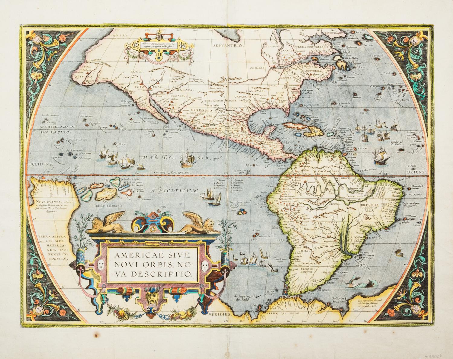 (MAP) ORTELIUS, ABRAHAM. Americae Sive Novi Orbis... Antwerp, 1579. Engraved map w/hand-coloring.