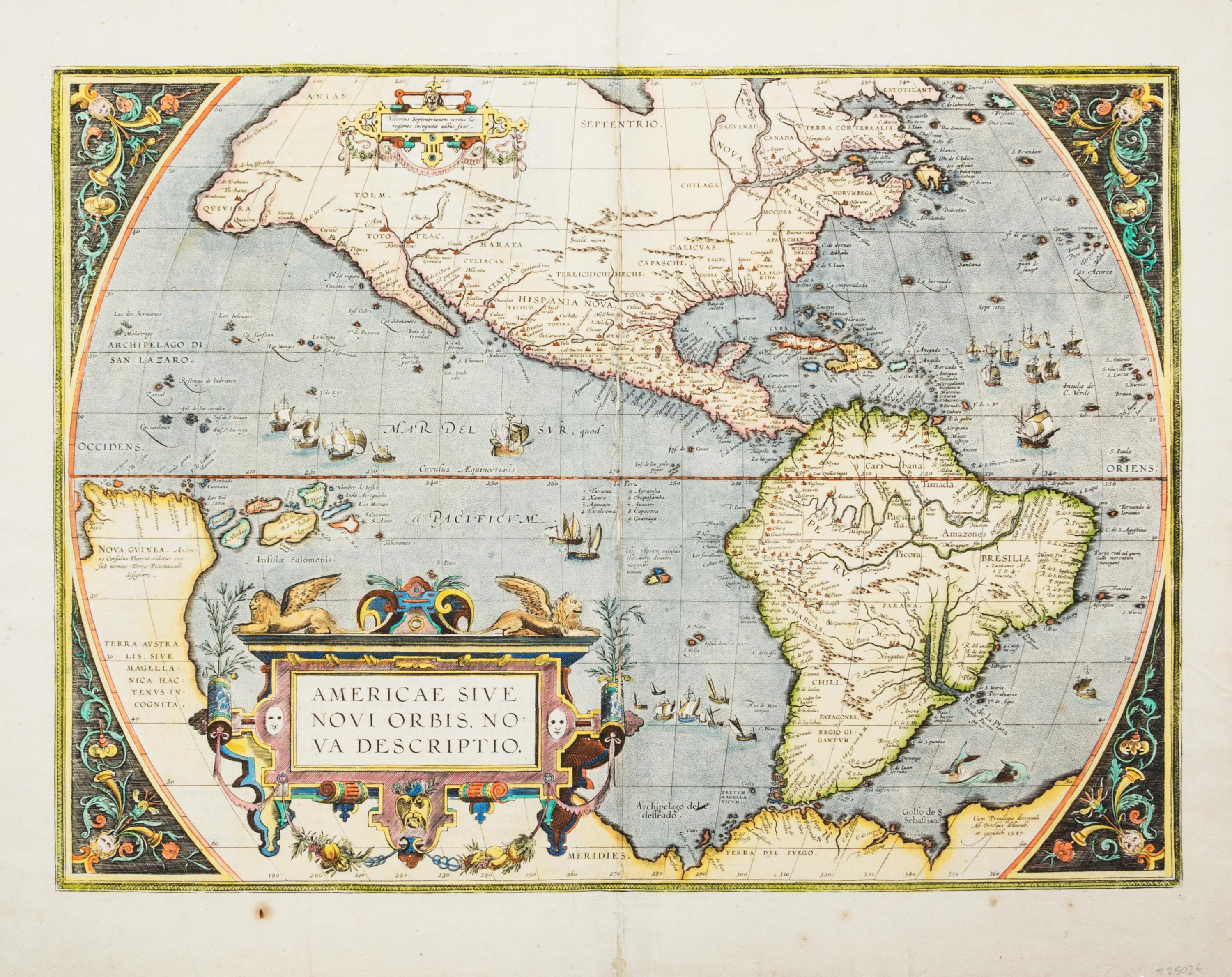 (MAP) ORTELIUS, ABRAHAM. Americae Sive Novi Orbis... Antwerp, 1579. Engraved map w/hand-coloring.