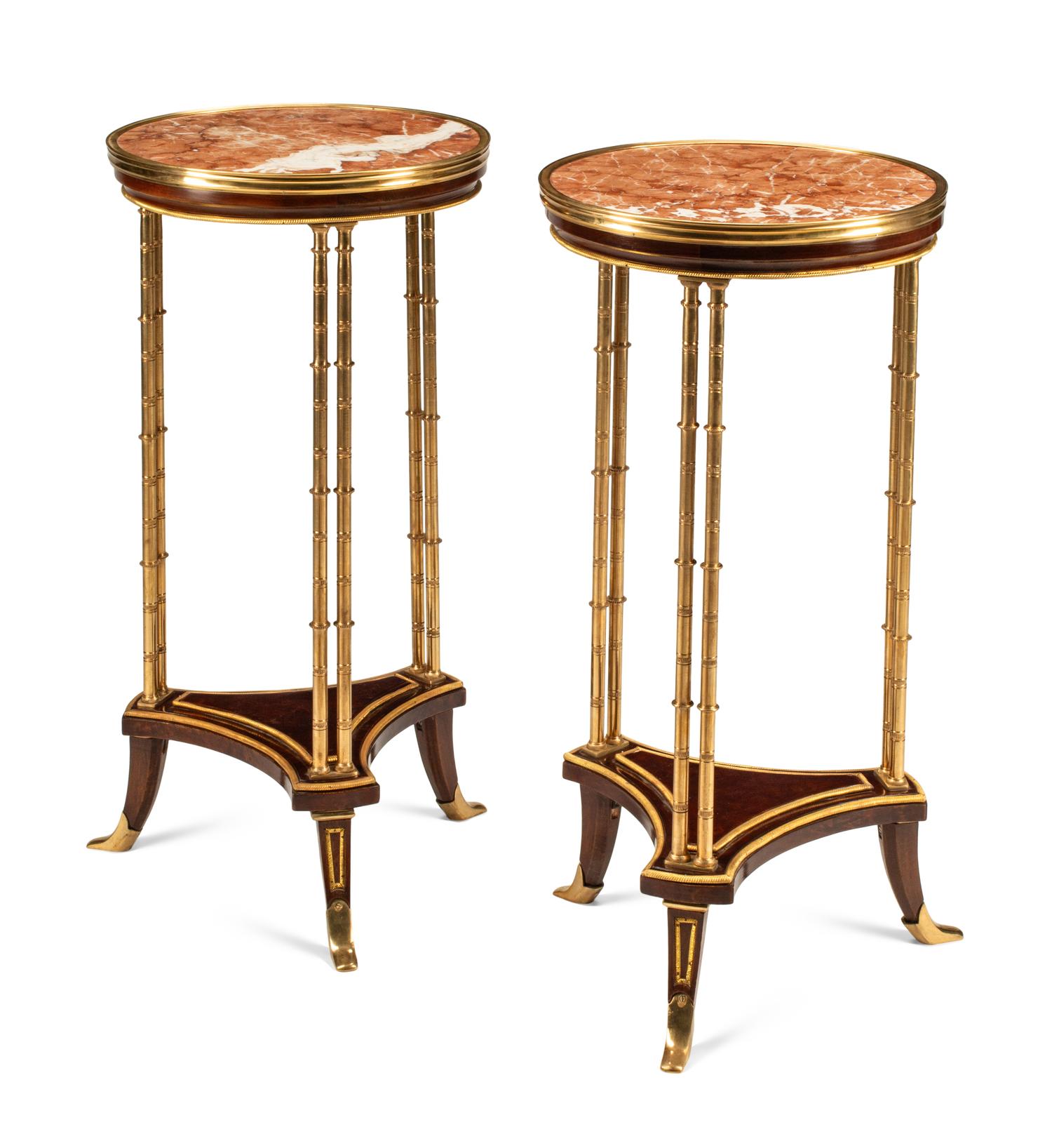 A Pair of French Gilt Bronze Mounted Mahogany Marble-Top Guéridons