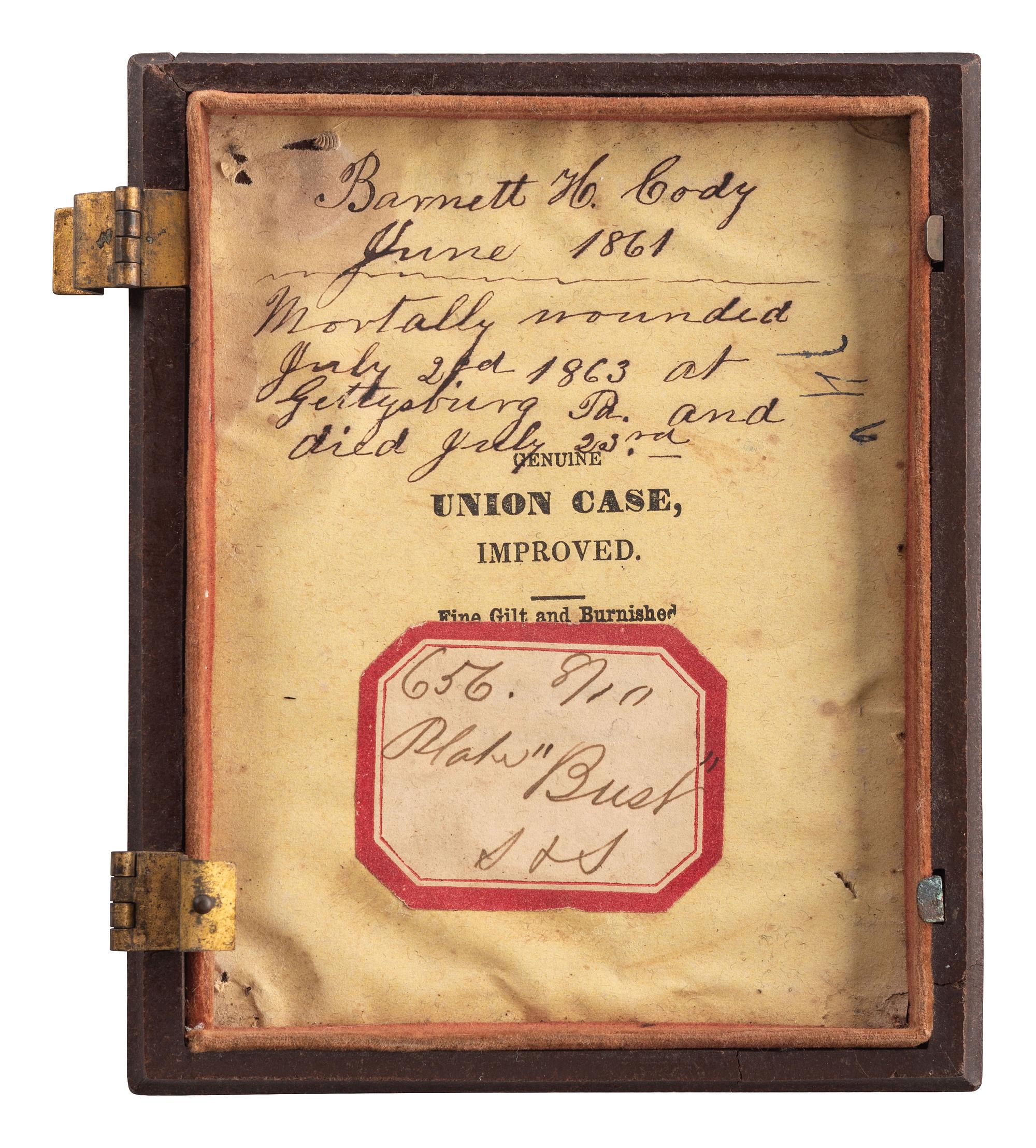 [CIVIL WAR]. Quarter plate ambrotype of a man identified as CSA Lt. Barnett H. Cody, mortally wounded at Gettysburg.