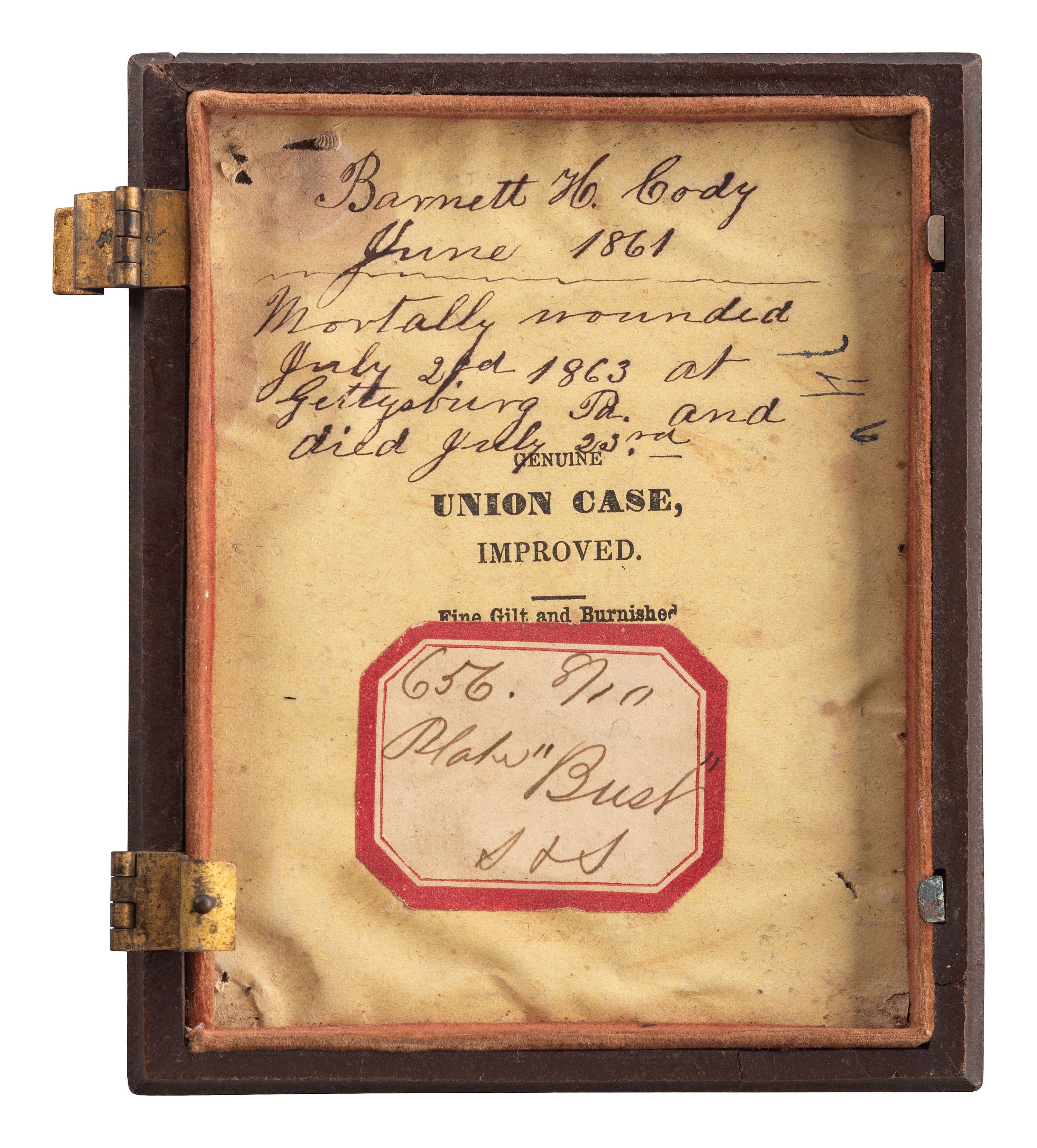 [CIVIL WAR]. Quarter plate ambrotype of a man identified as CSA Lt. Barnett H. Cody, mortally wounded at Gettysburg.